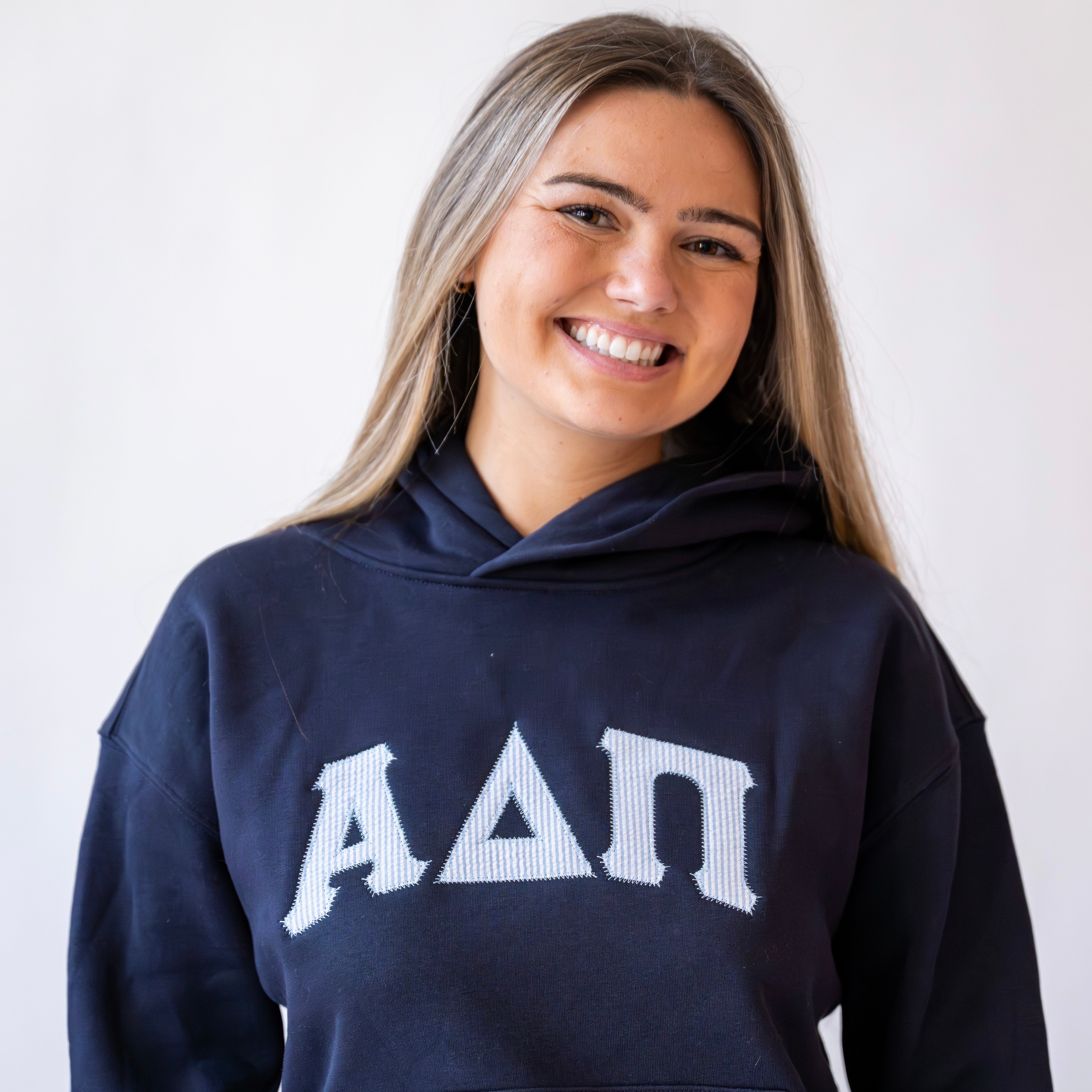 That Girl Curved Light Blue Seersucker Embroidered Hoodie Sweatshirt