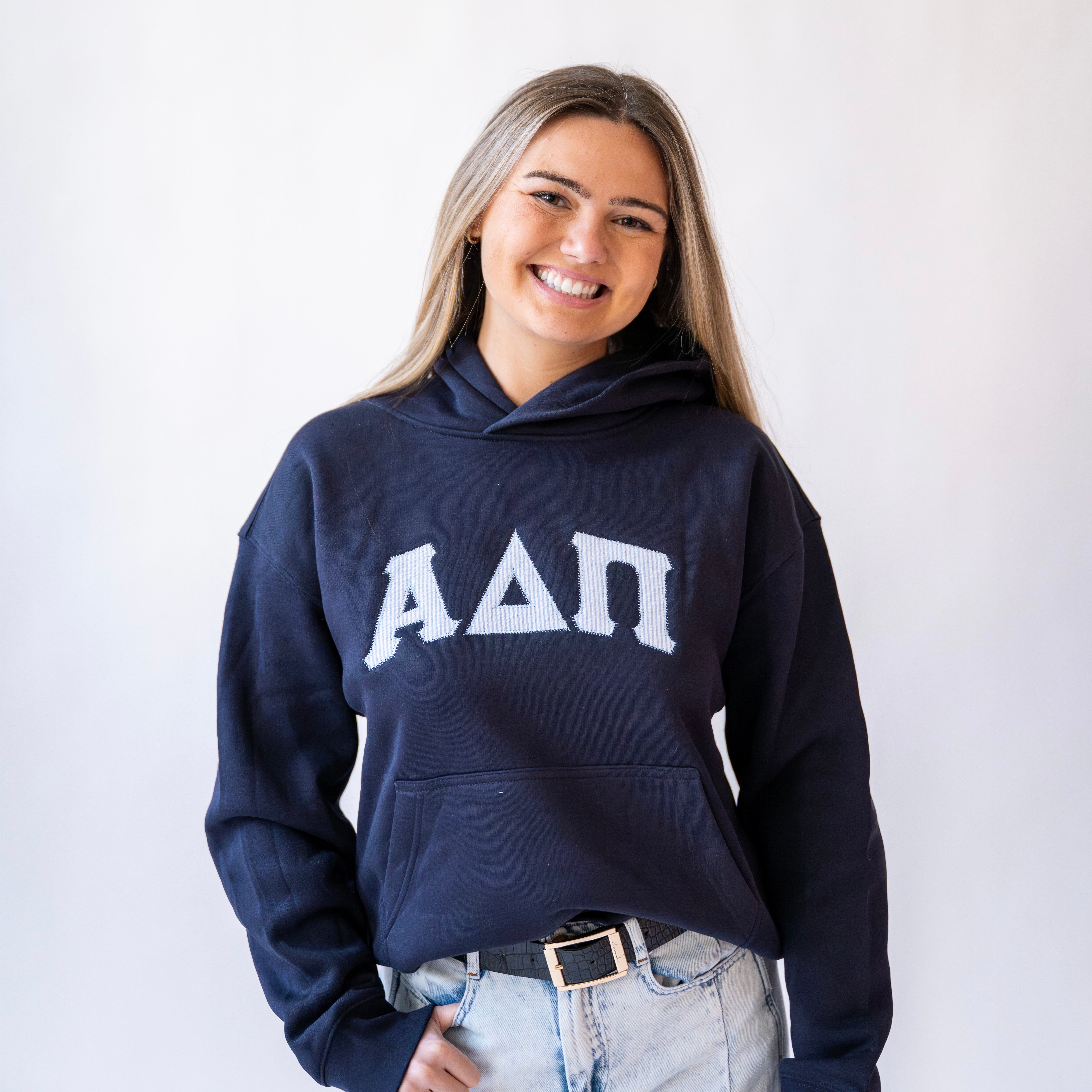 That Girl Curved Light Blue Seersucker Embroidered Hoodie Sweatshirt