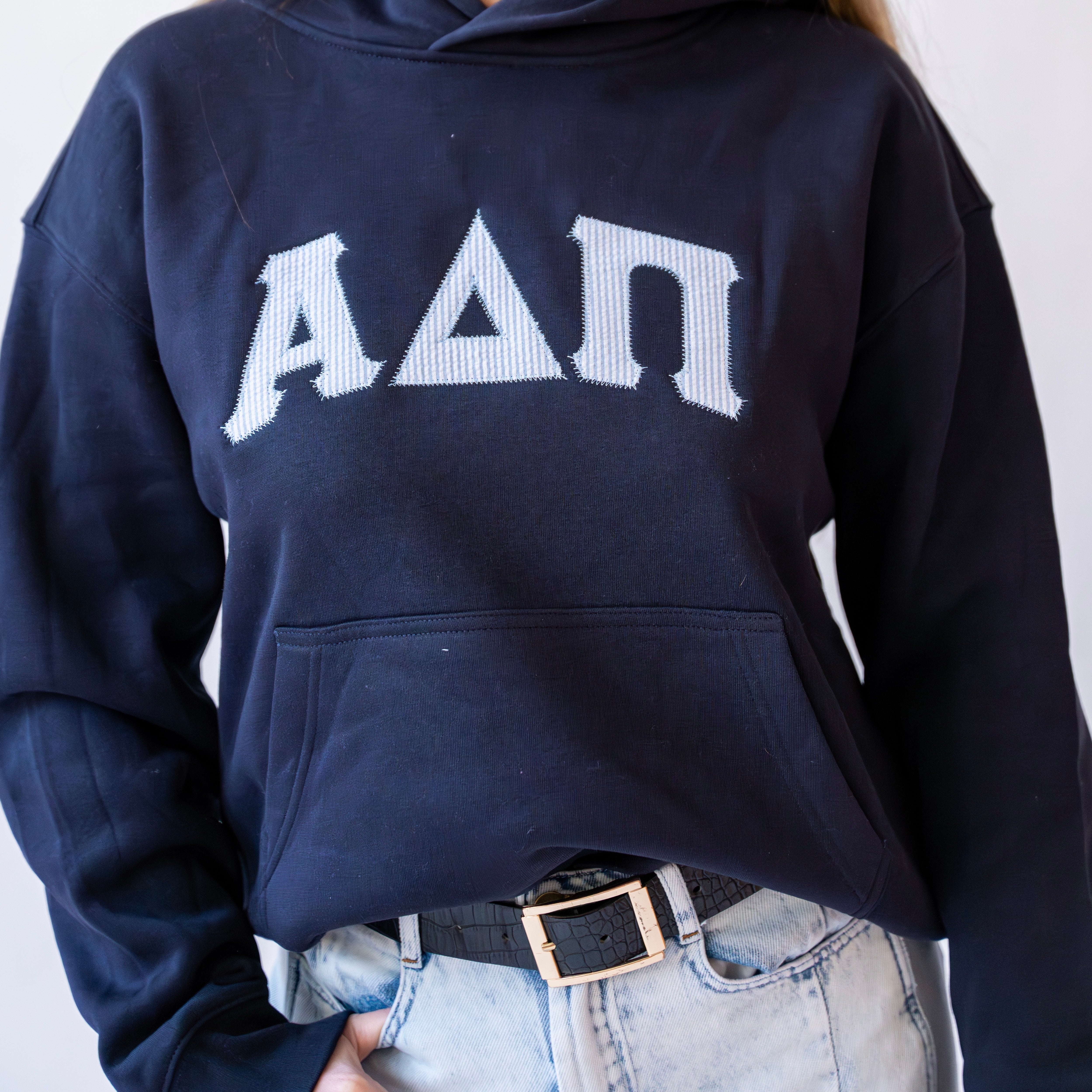 That Girl Curved Light Blue Seersucker Embroidered Hoodie Sweatshirt