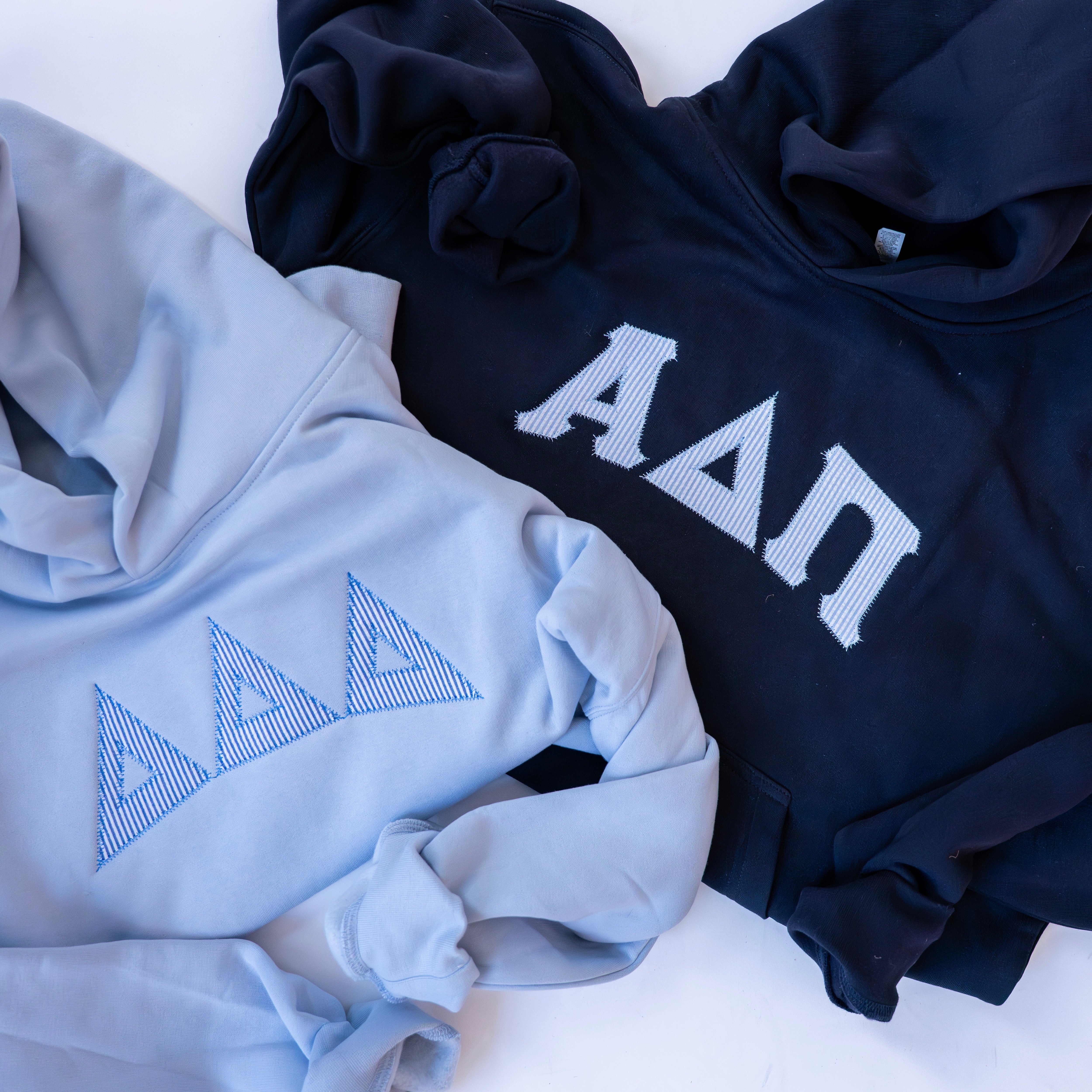 That Girl Curved Blue Seersucker Embroidered Hoodie Sweatshirt