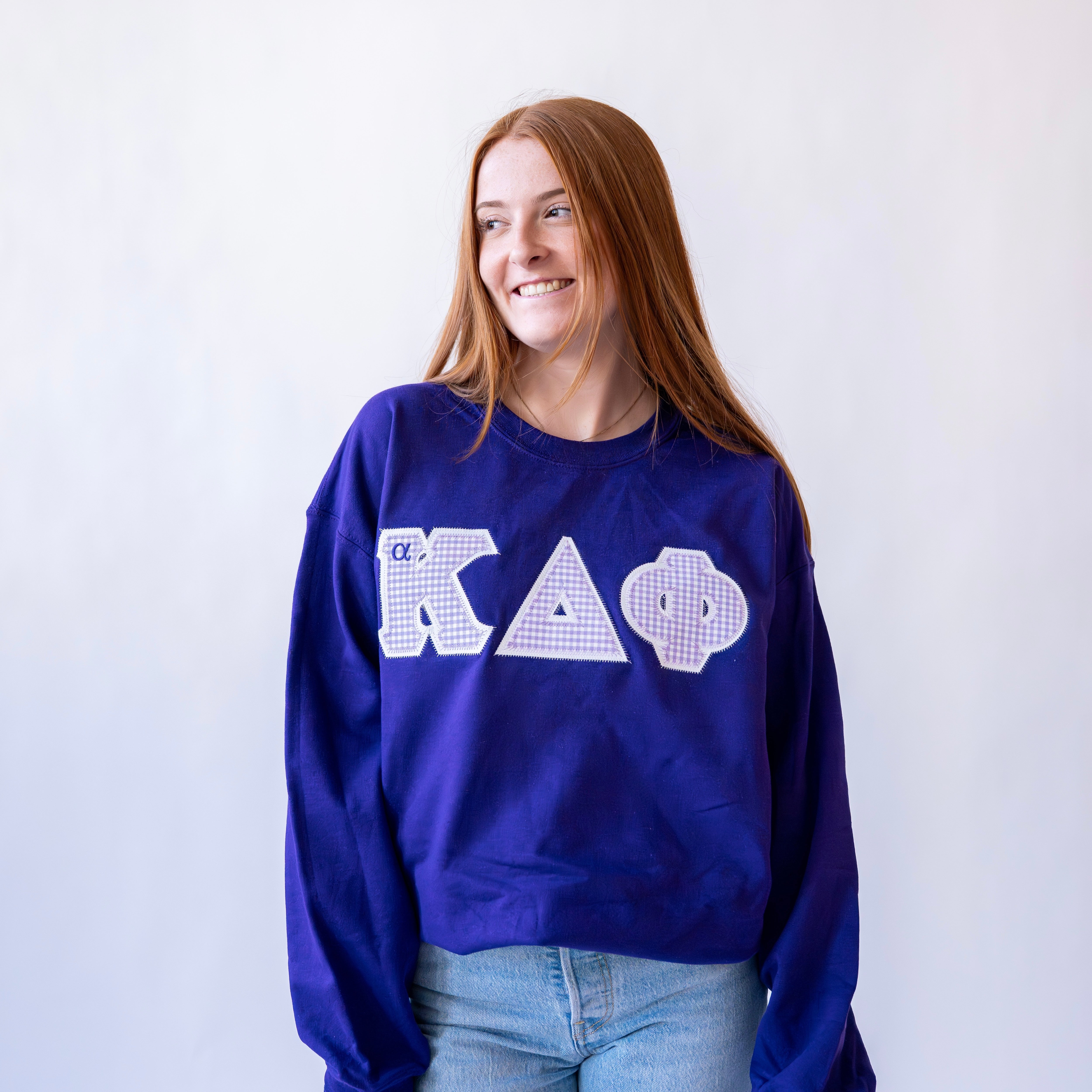 Light Purple Gingham Greek Letter Crewneck Sweatshirt