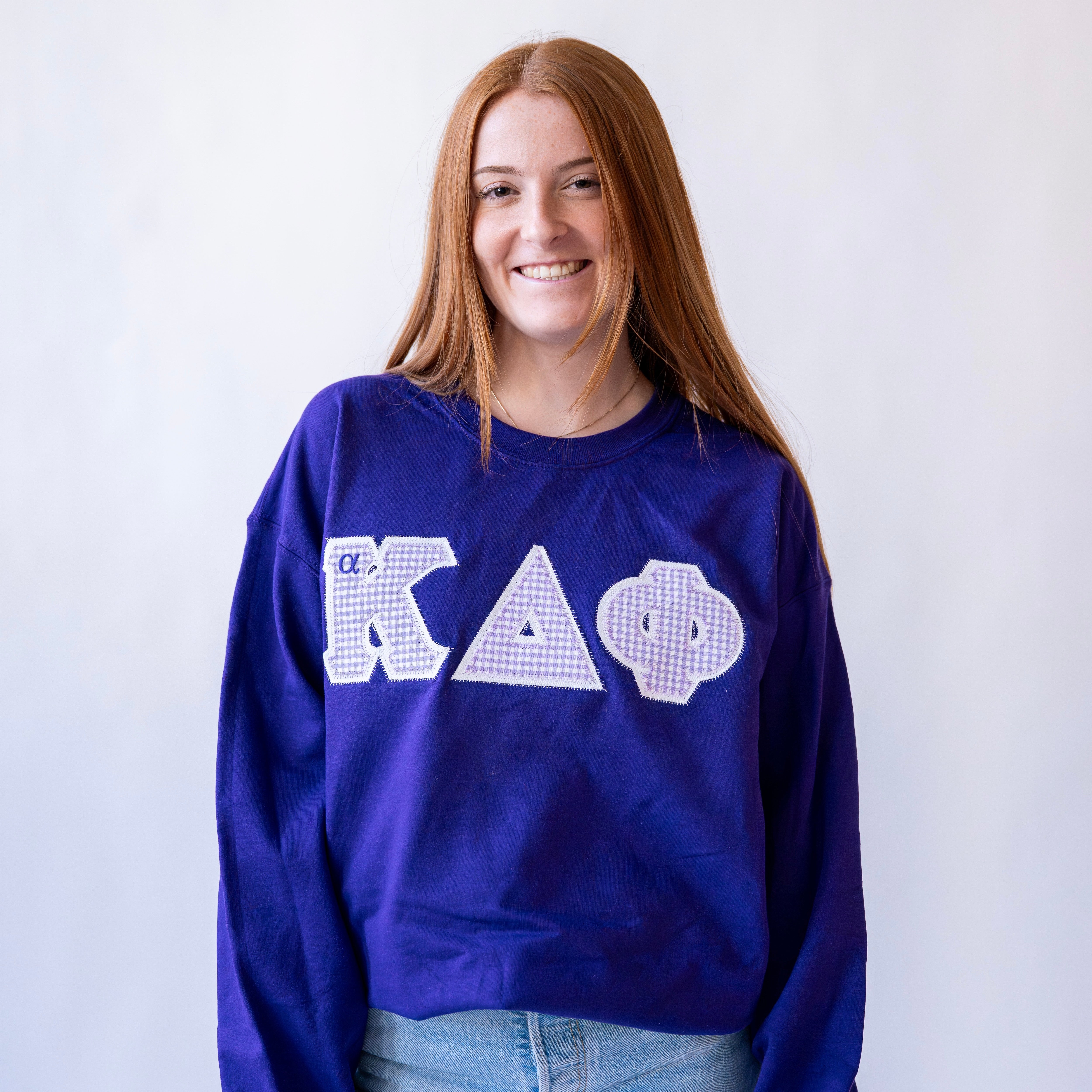 Light Purple Gingham Greek Letter Crewneck Sweatshirt - alpha Kappa Delta Phi