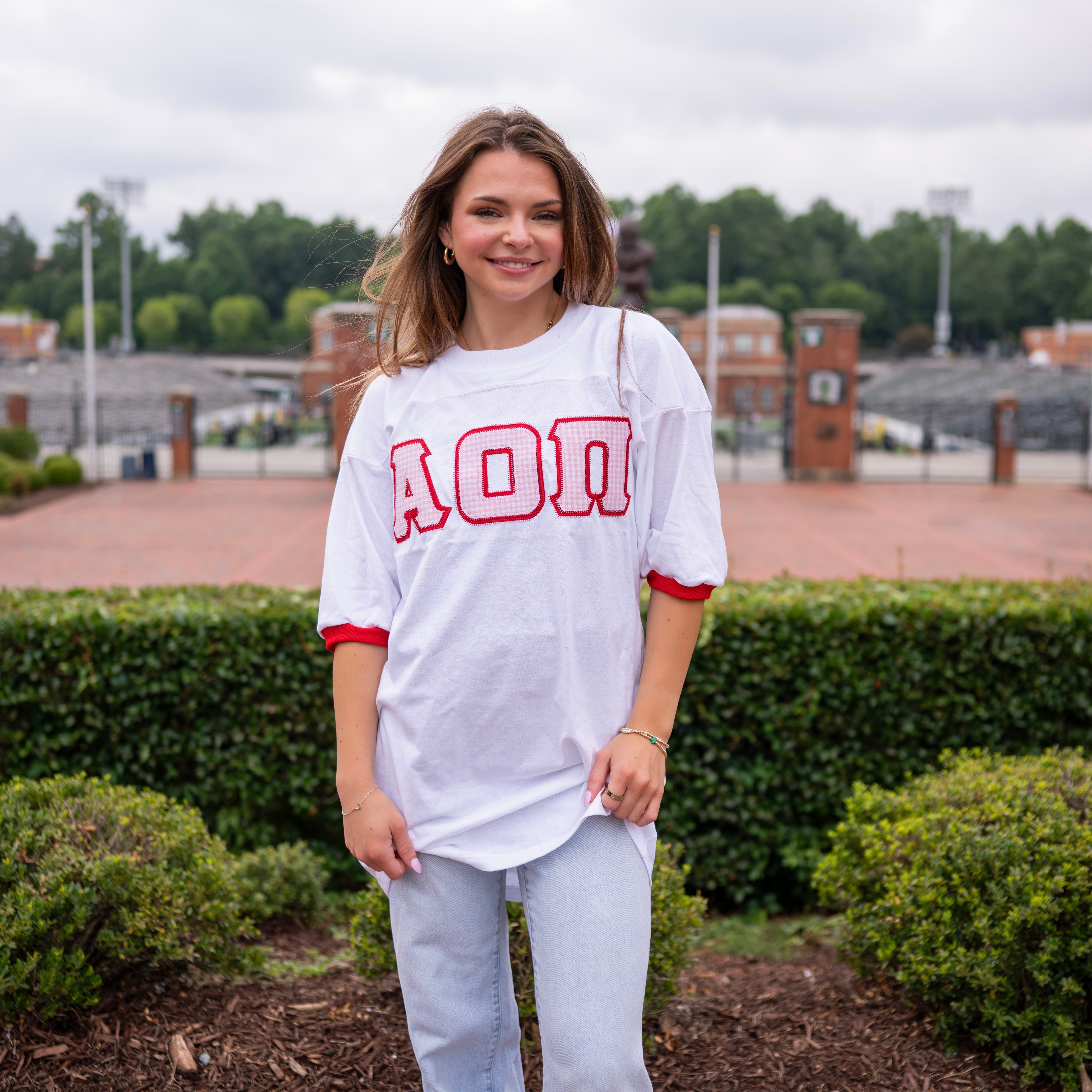 Light Pink Gingham Greek Letter Crew Neck Jersey