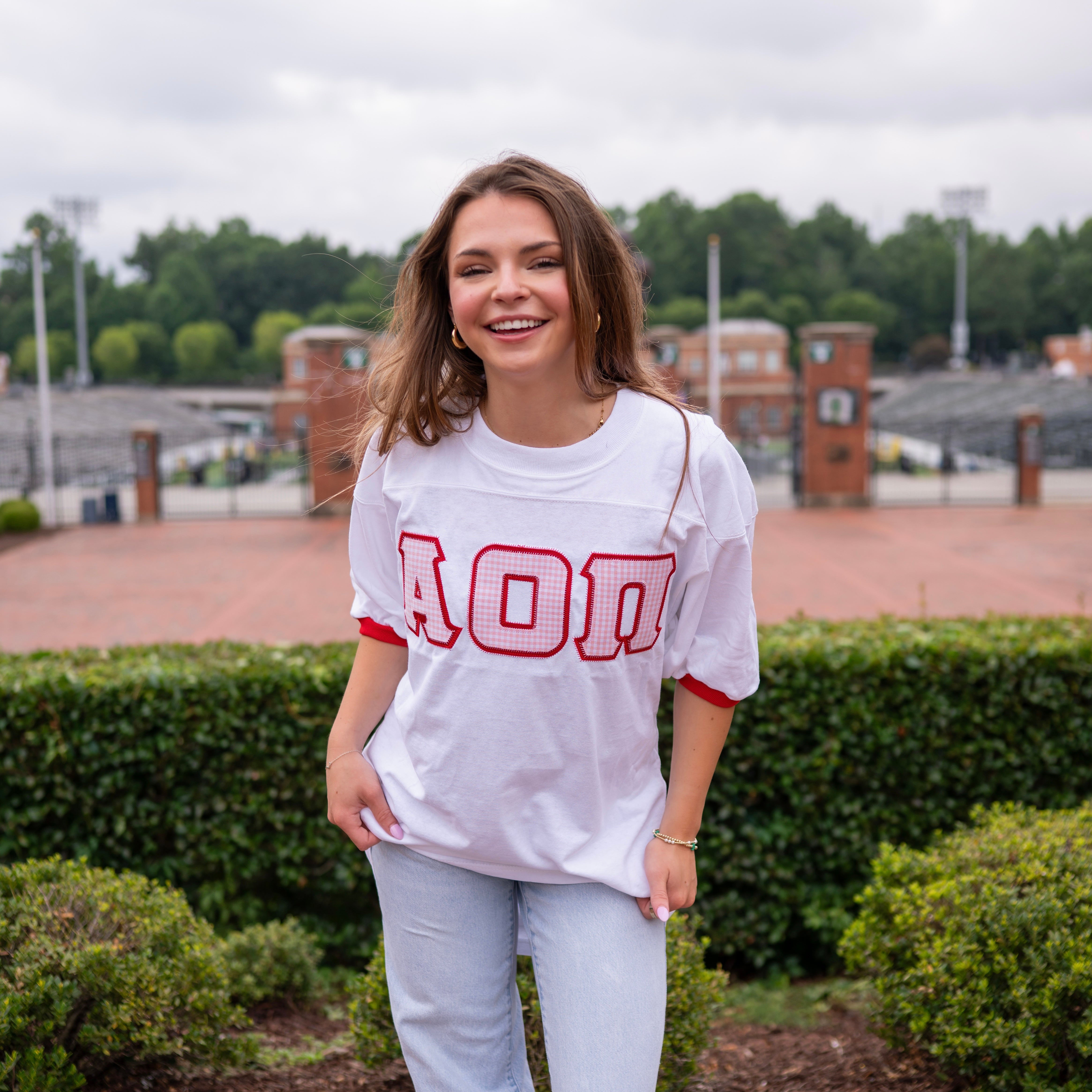 Light Pink Gingham Greek Letter Crew Neck Jersey