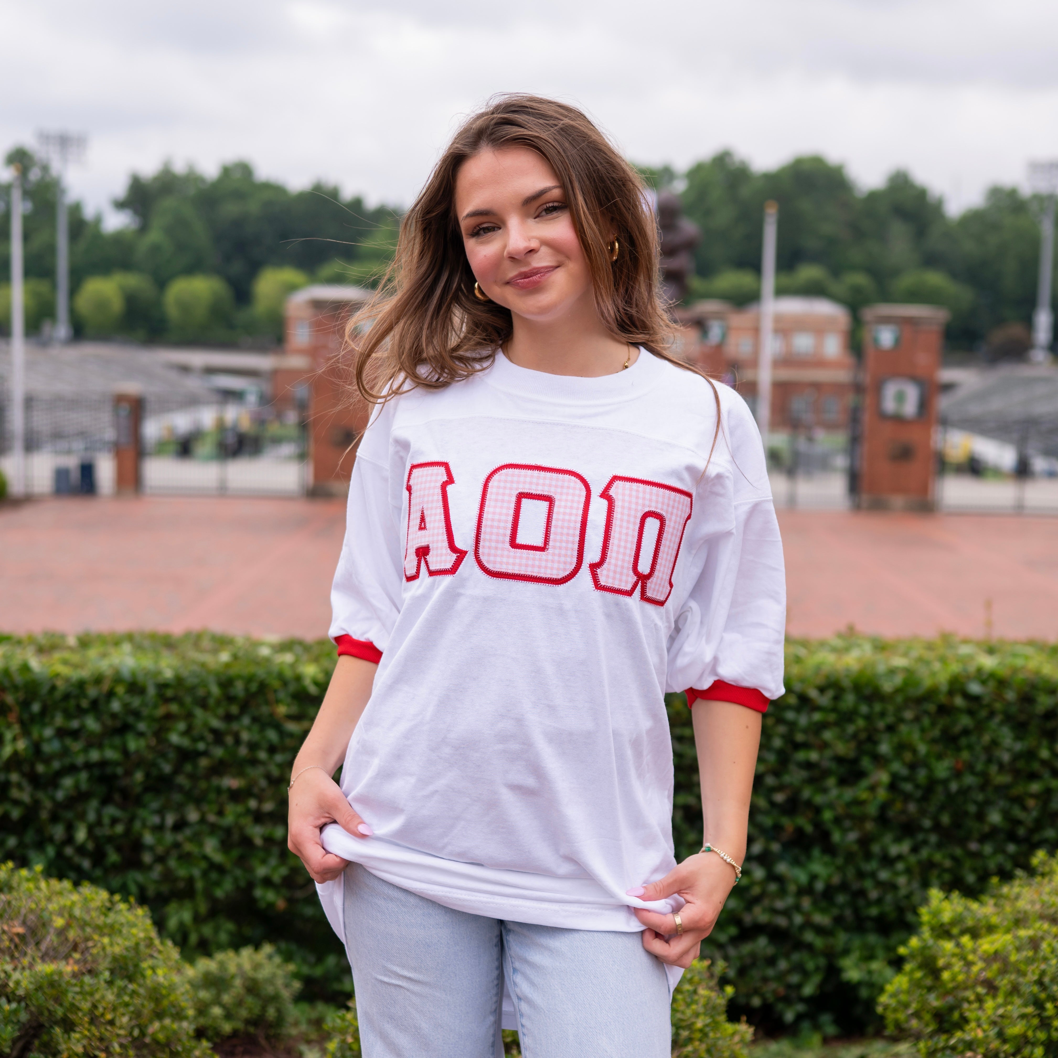 Light Pink Gingham Greek Letter Crew Neck Jersey