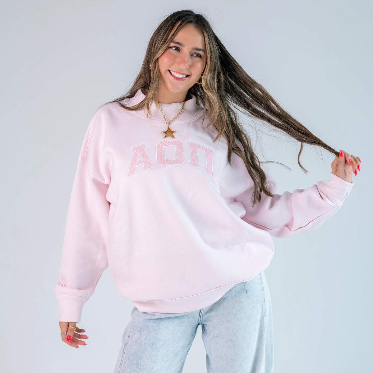 That Girl Polka Dot Greek Letter Mockneck Sweatshirt - Alpha Omicron Pi