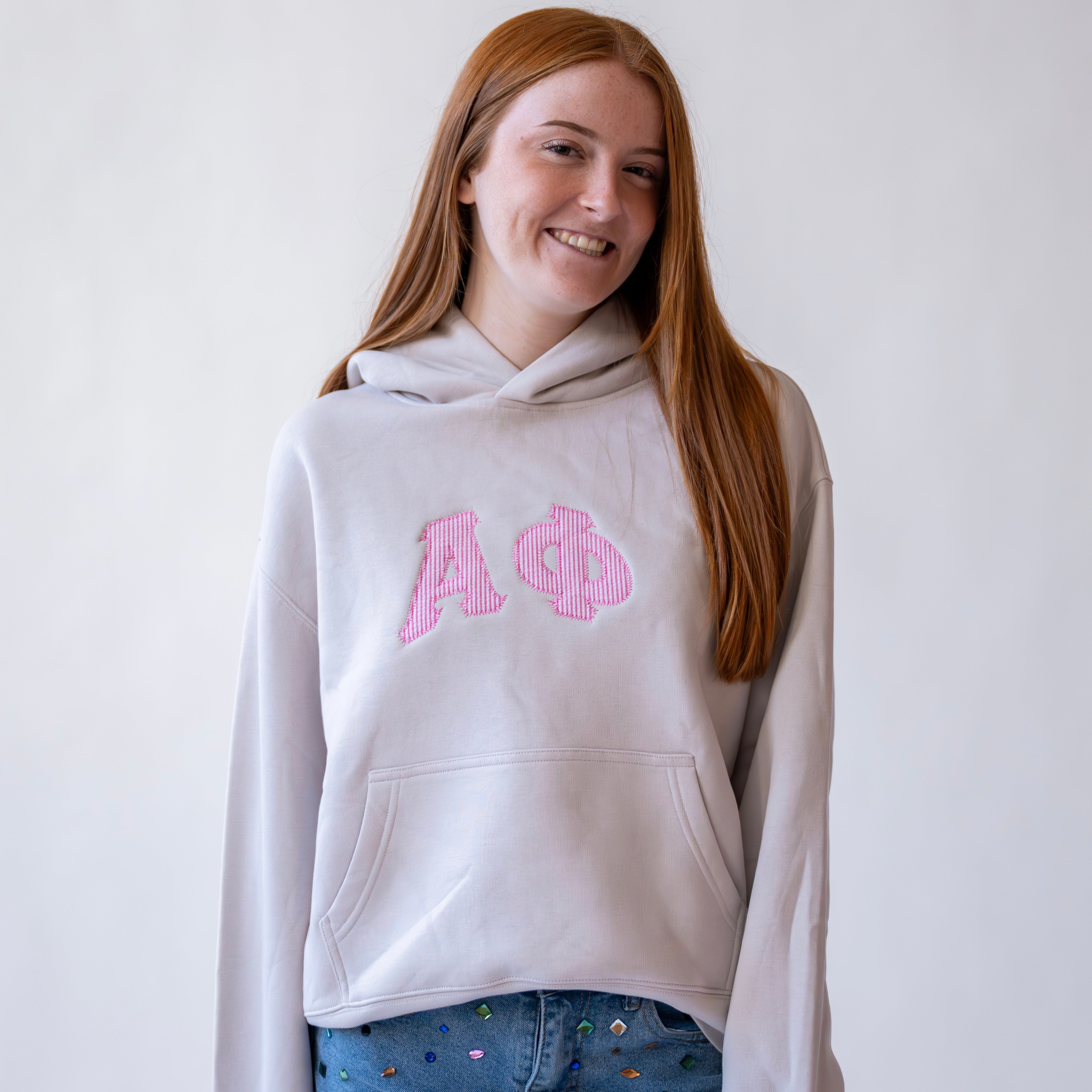 That Girl Curved Hot Pink Seersucker Embroidered Hoodie Sweatshirt