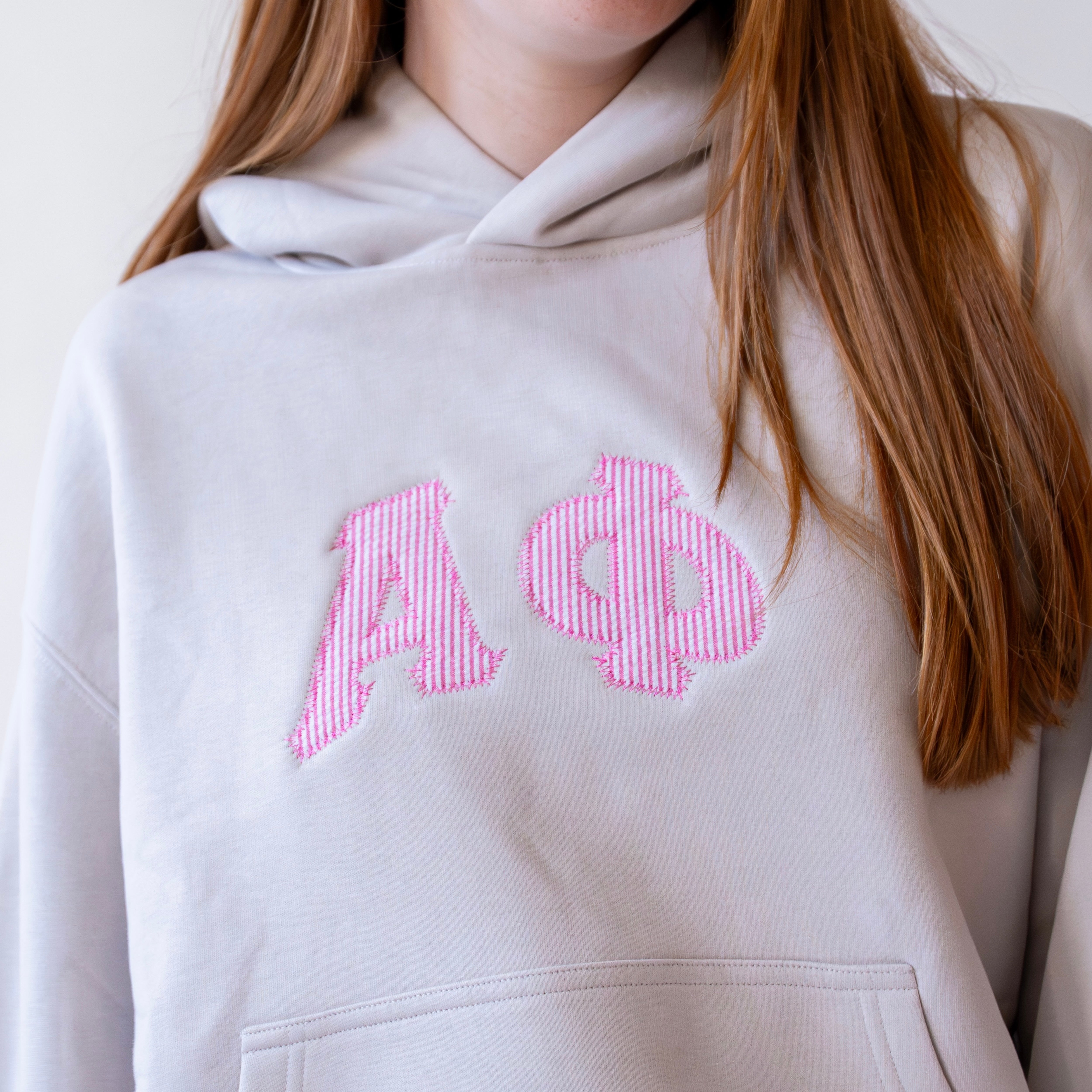That Girl Curved Hot Pink Seersucker Embroidered Hoodie Sweatshirt