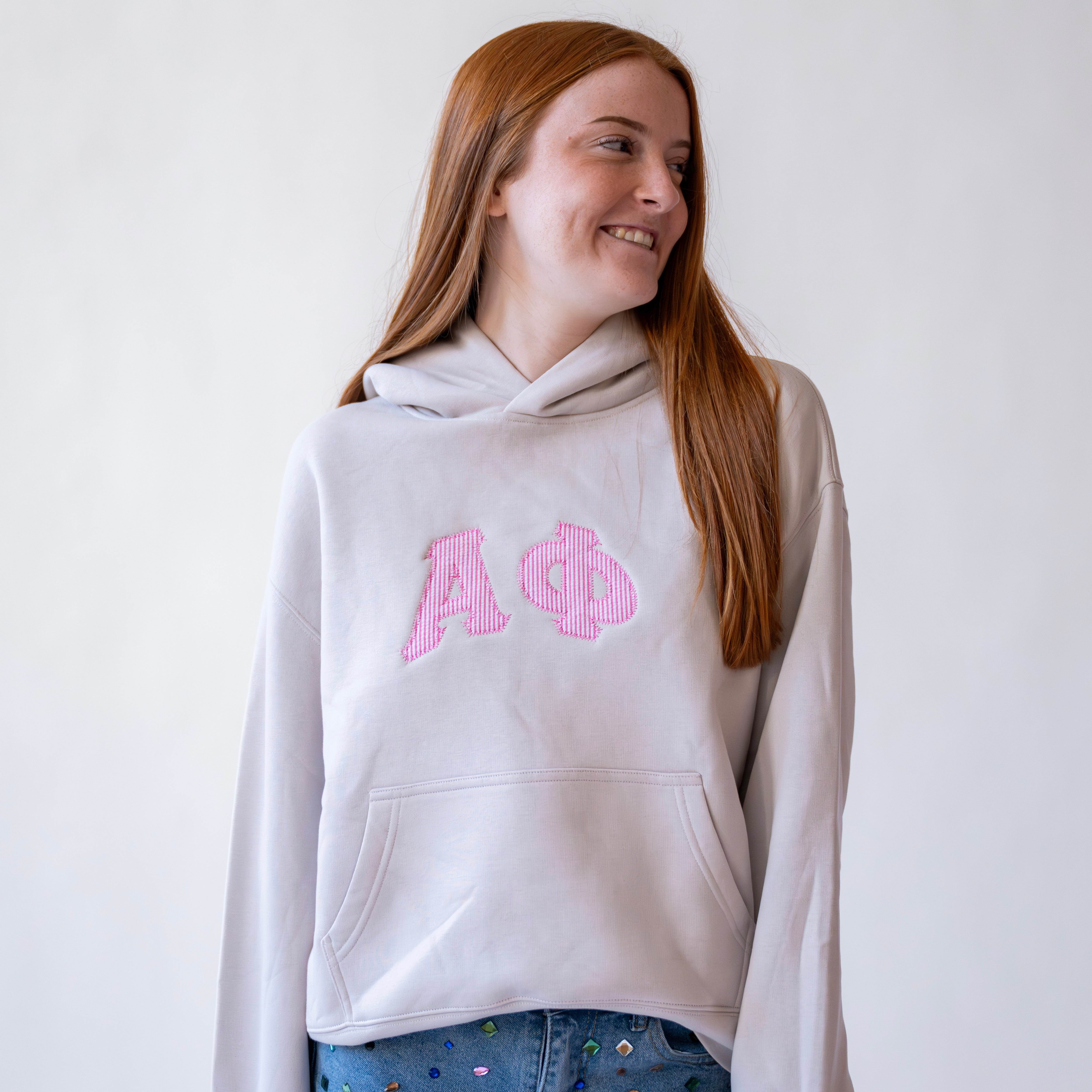 That Girl Curved Hot Pink Seersucker Embroidered Hoodie Sweatshirt