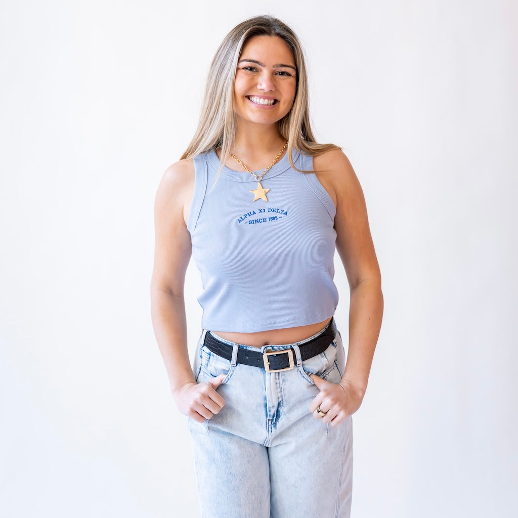 Offshore Embroidered Cropped Tank Top - Alpha Xi Delta