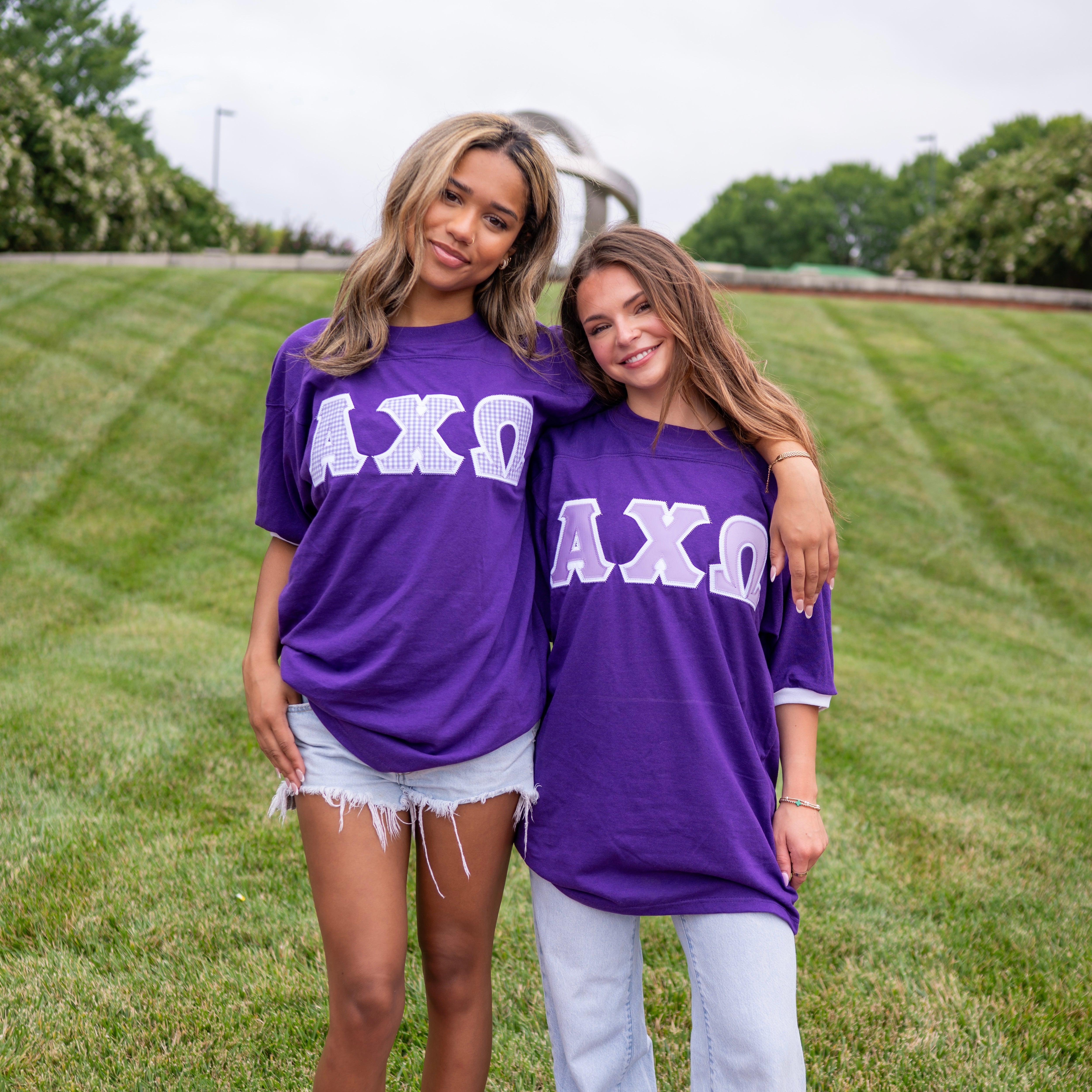 Light Purple Gingham Greek Letter Crew Neck Jersey