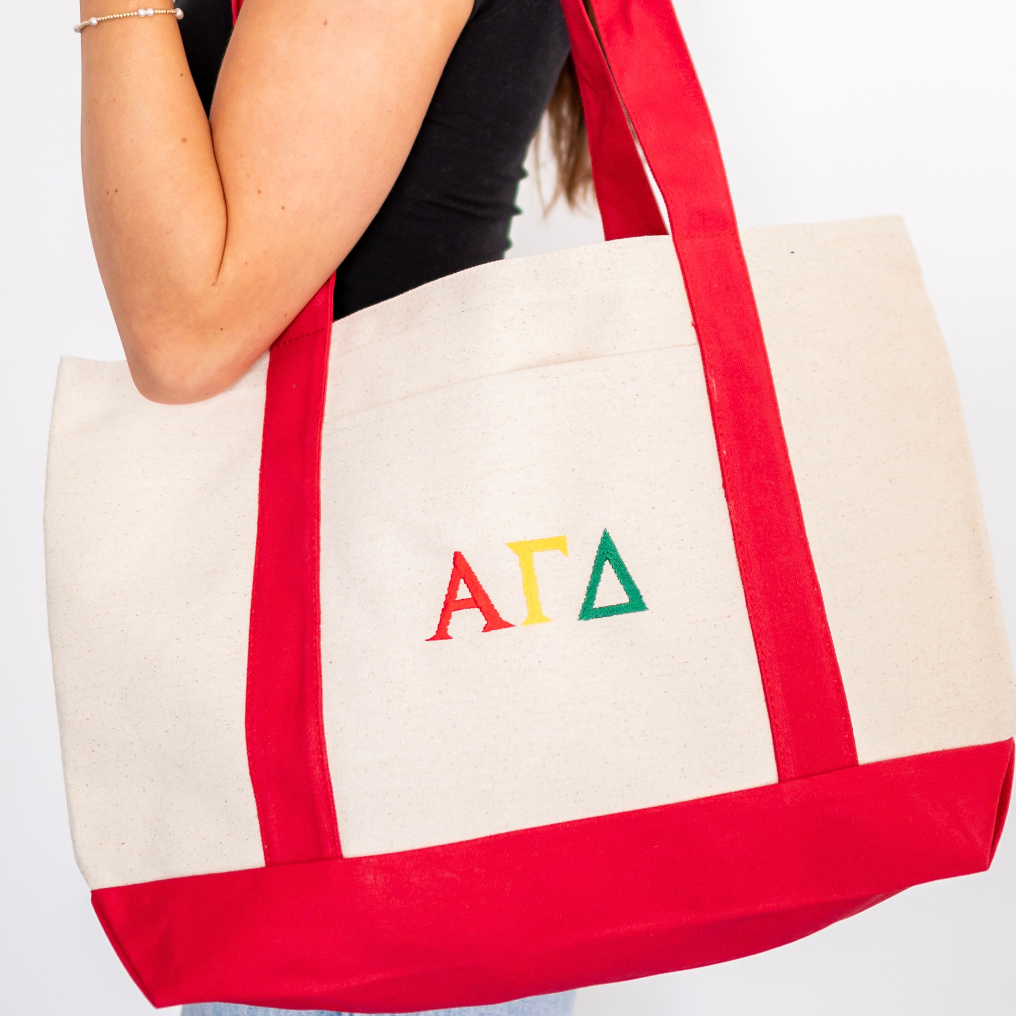 Basic Greek Letter Embroidered Canvas Tote Bag - Alpha Gamma Delta