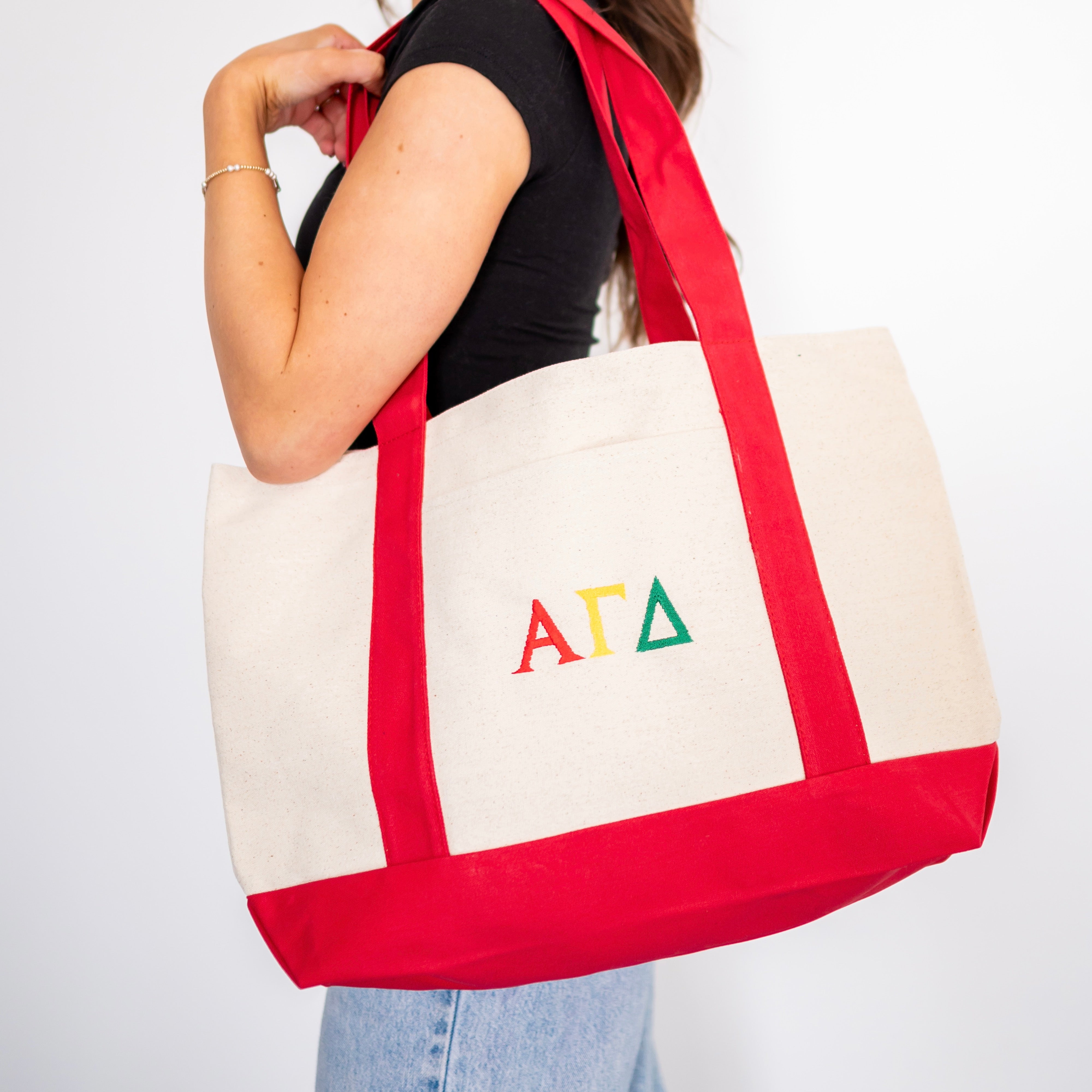 Basic Greek Letter Embroidered Canvas Tote Bag - Alpha Gamma Delta