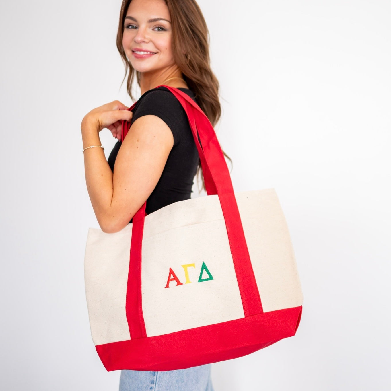 Basic Greek Letter Embroidered Canvas Tote Bag - Alpha Gamma Delta