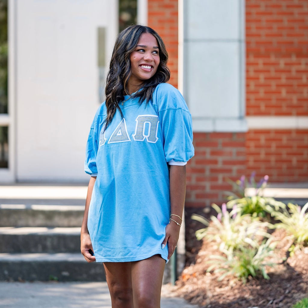 Blue Seersucker Greek Letter Crew Neck Jersey