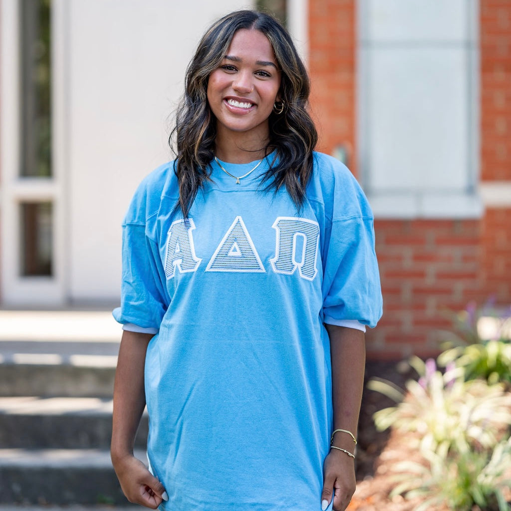 Blue Seersucker Greek Letter Crew Neck Jersey