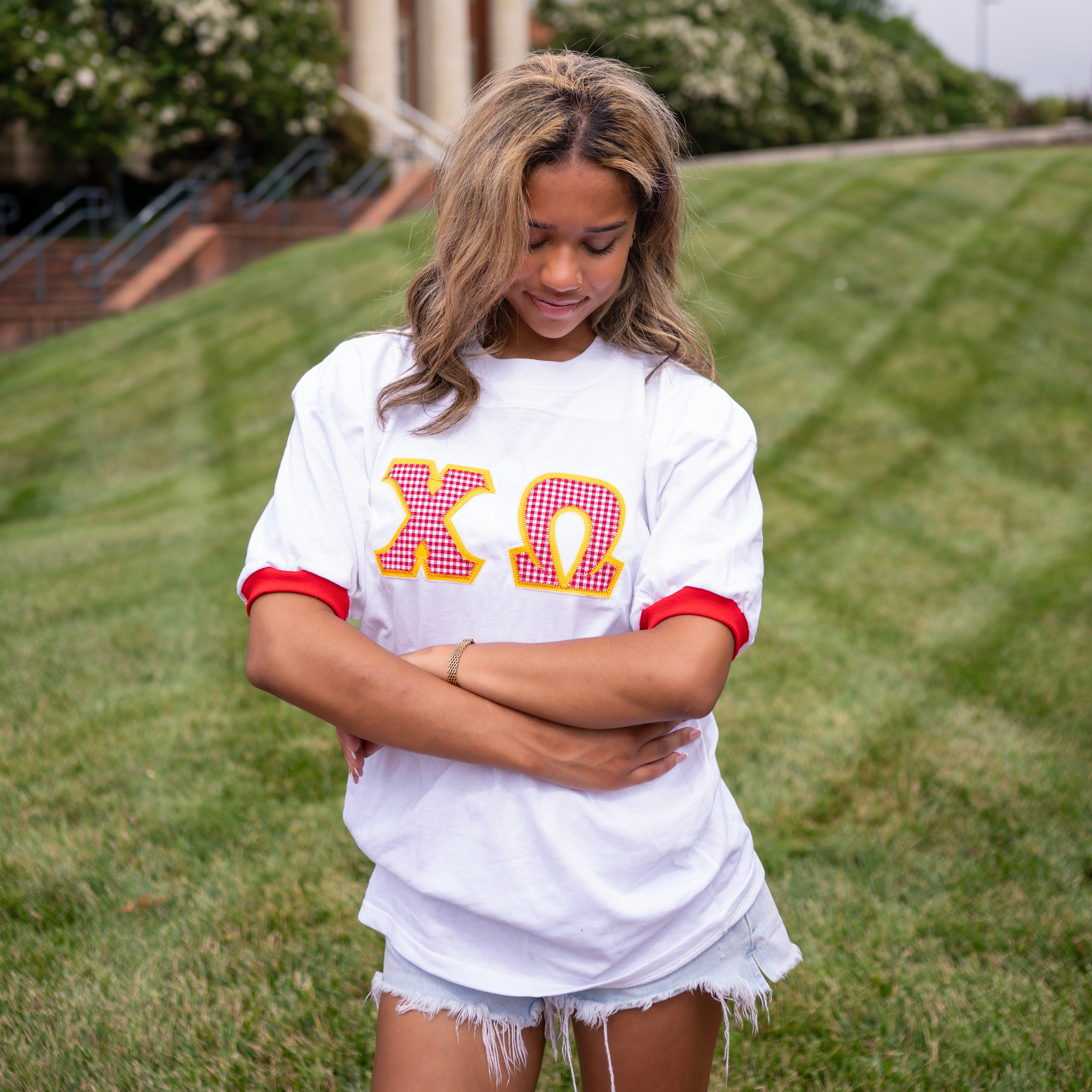 Red Gingham Greek Letter Crew Neck Jersey