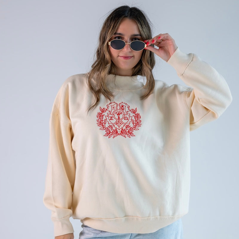 Embroidered Sorority Crest Mockneck Sweatshirt - Chi Omega
