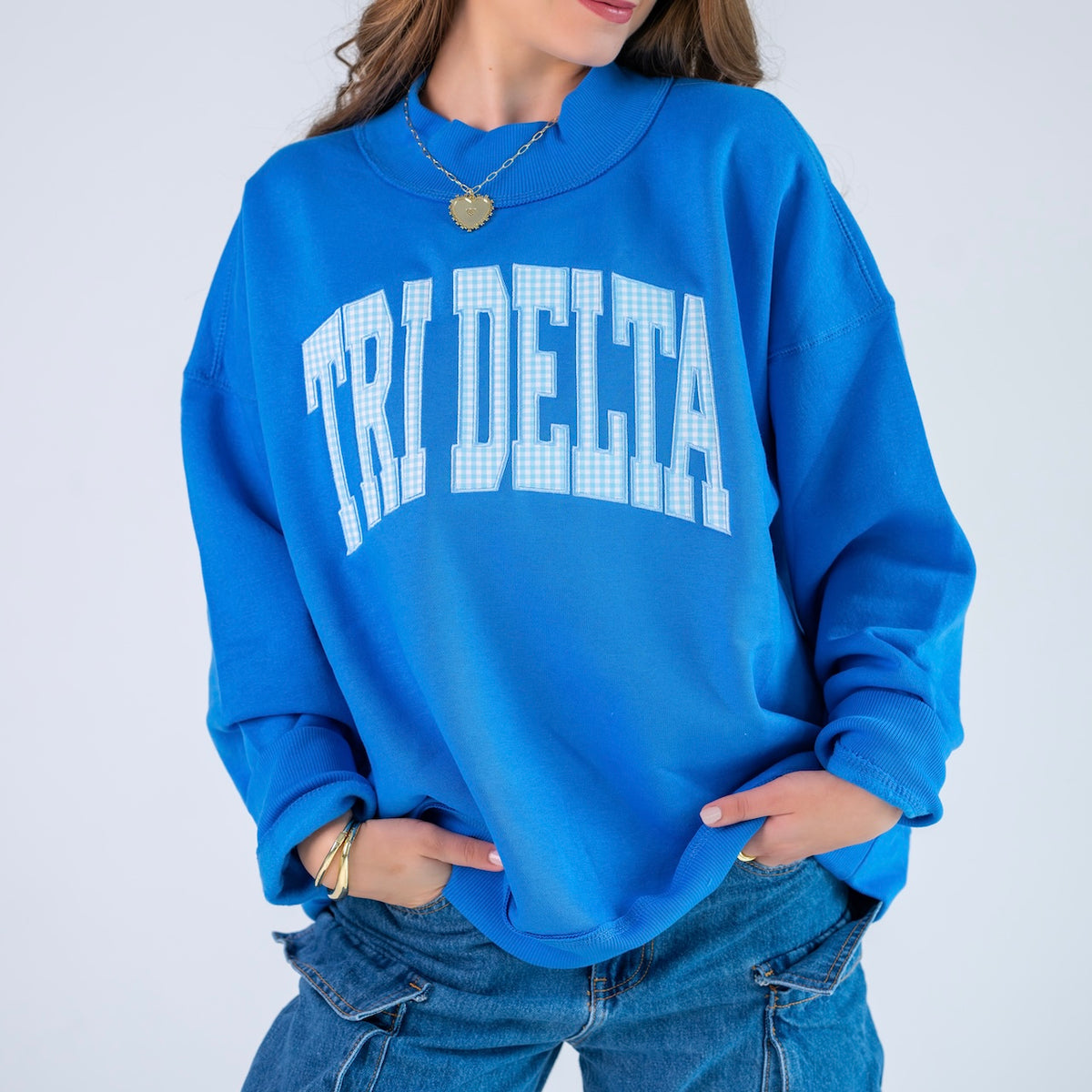 Main Character Gingham Mockneck Sweatshirt - Delta Delta Delta