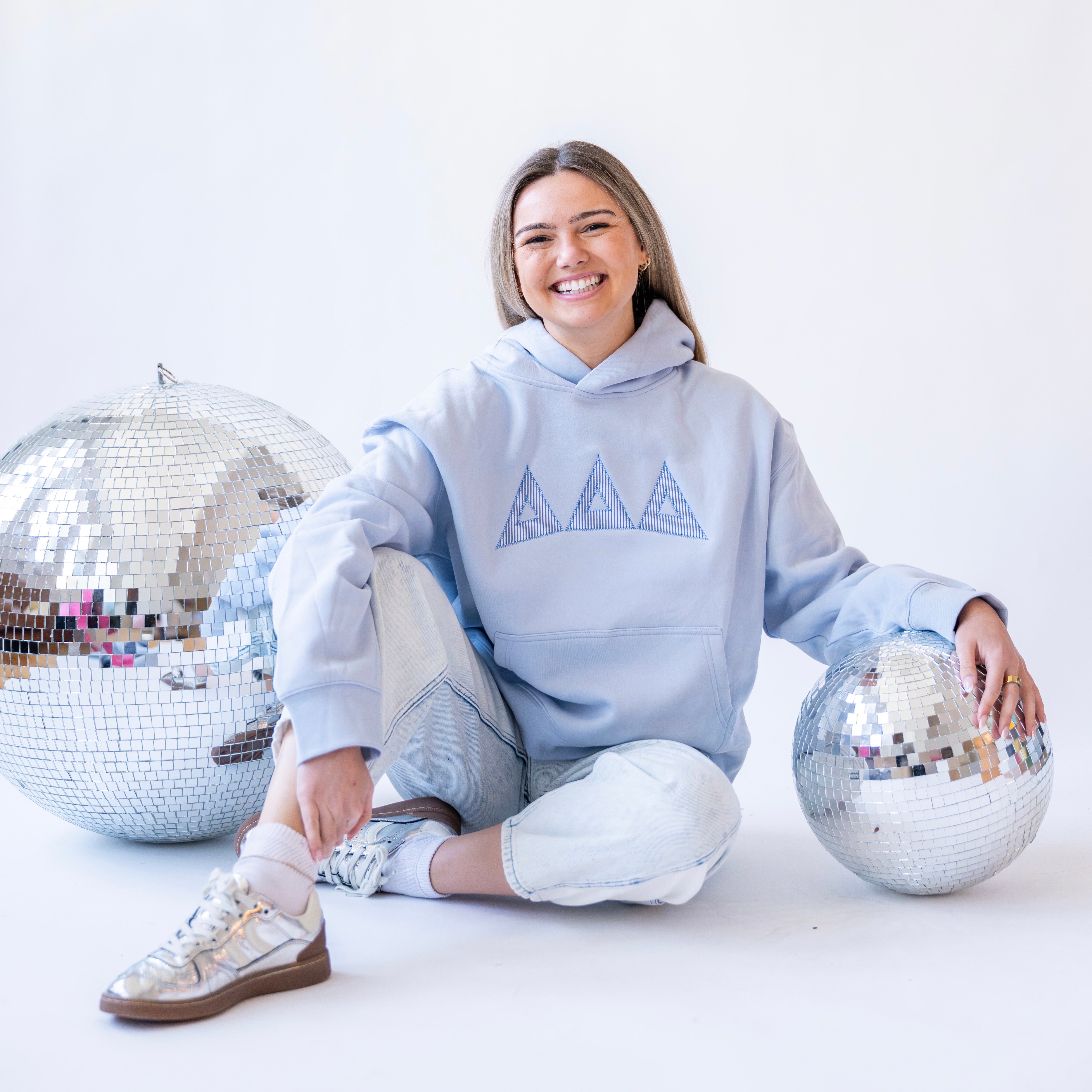 That Girl Curved Blue Seersucker Embroidered Hoodie Sweatshirt