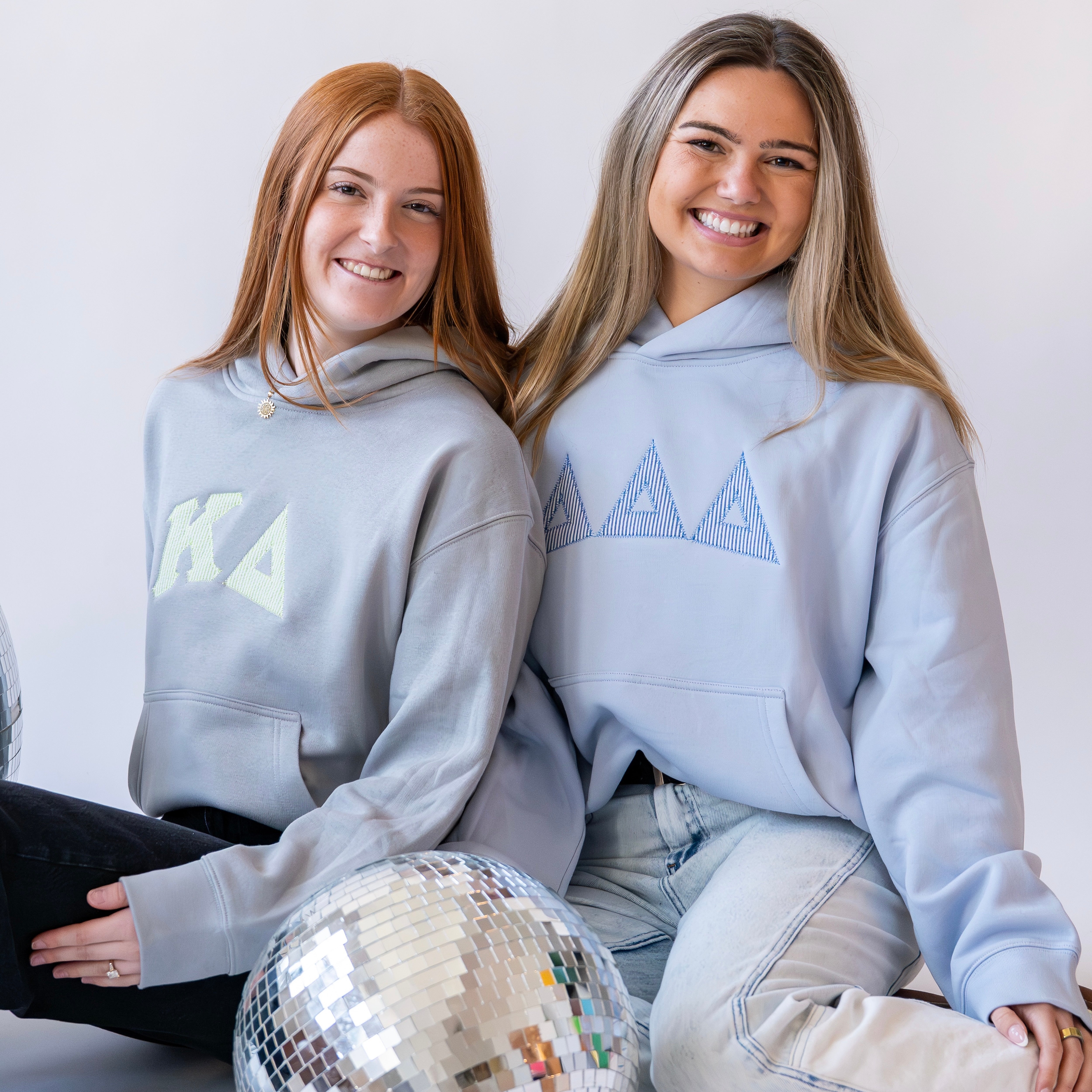 That Girl Curved Blue Seersucker Embroidered Hoodie Sweatshirt