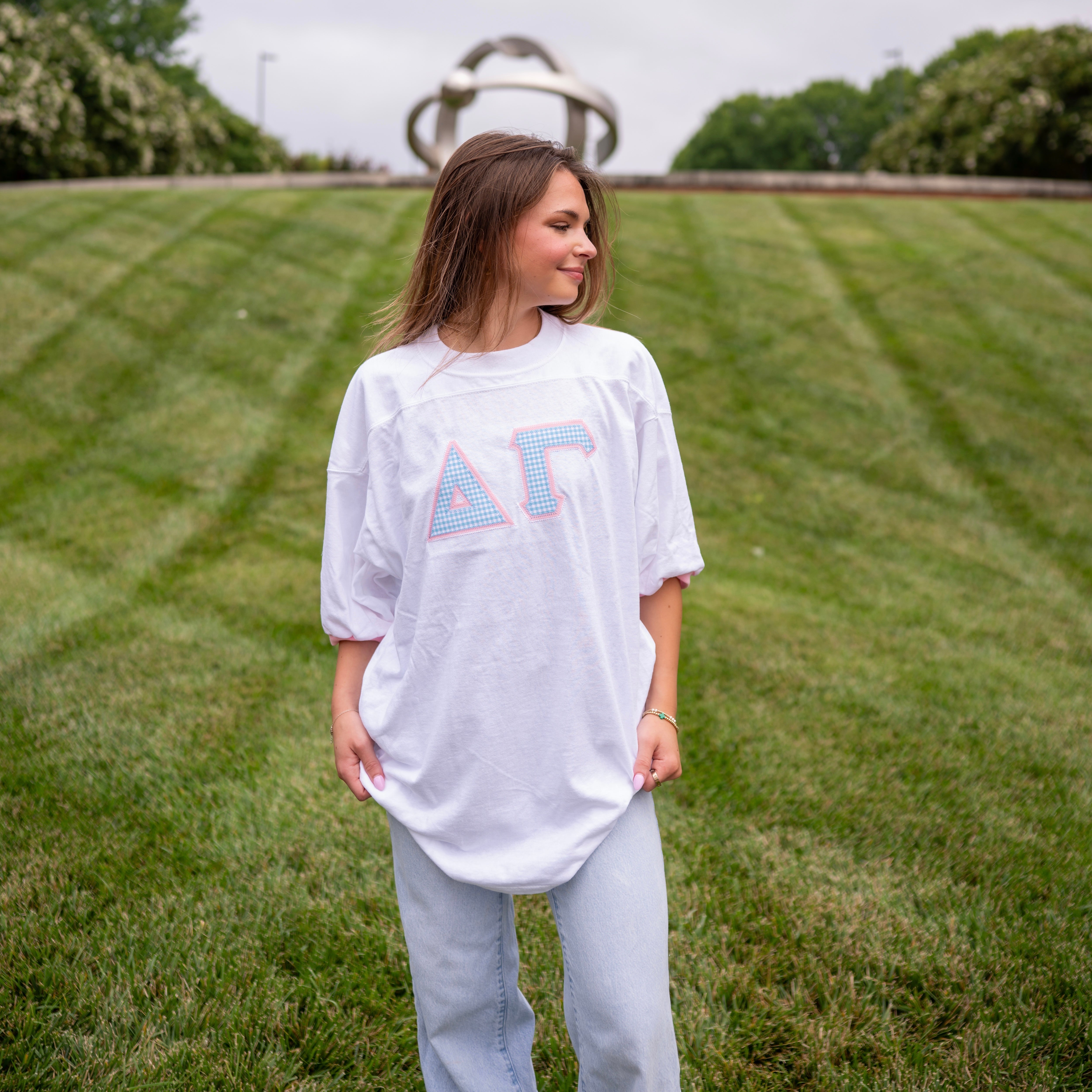 Light Blue Gingham Greek Letter Crew Neck Jersey