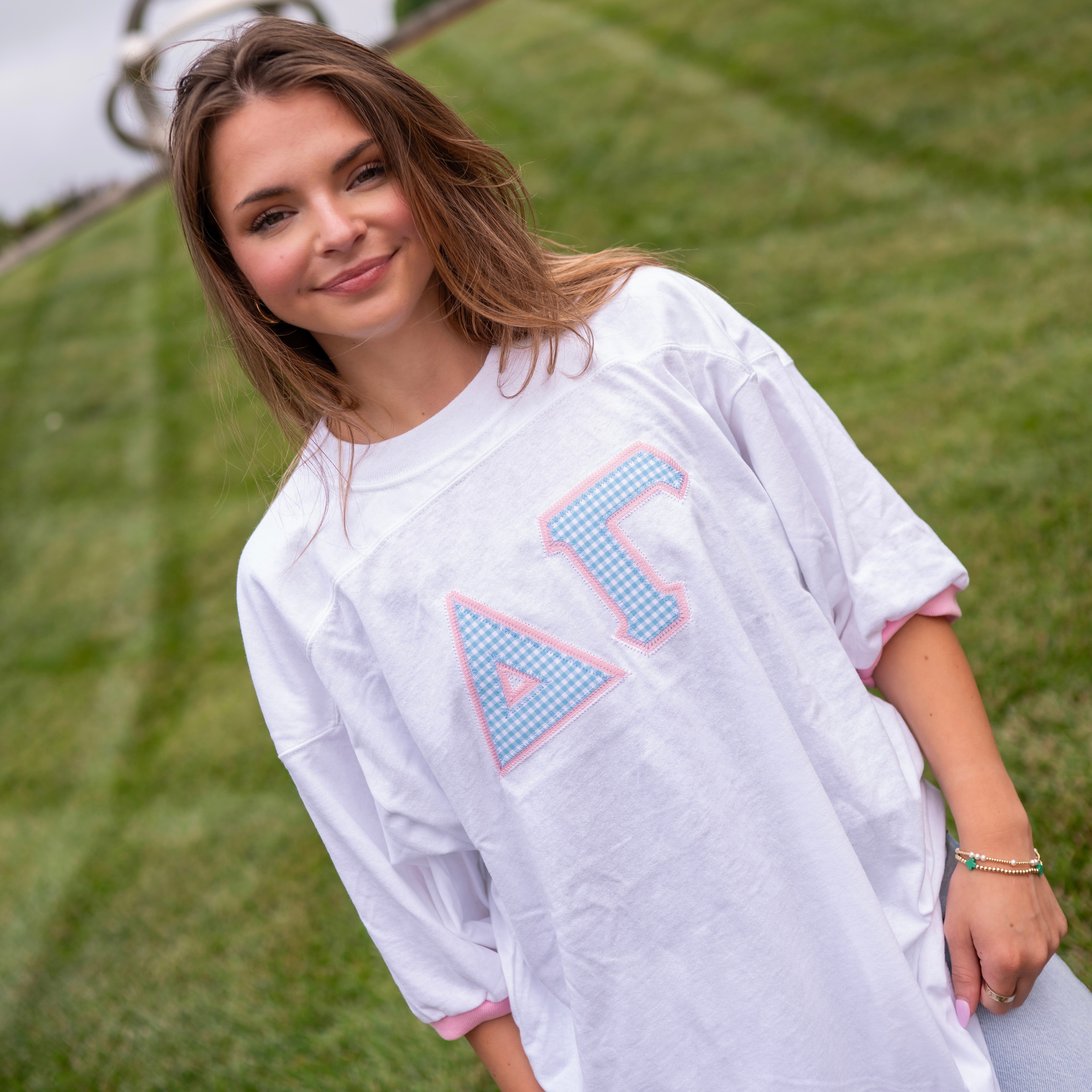 Light Blue Gingham Greek Letter Crew Neck Jersey