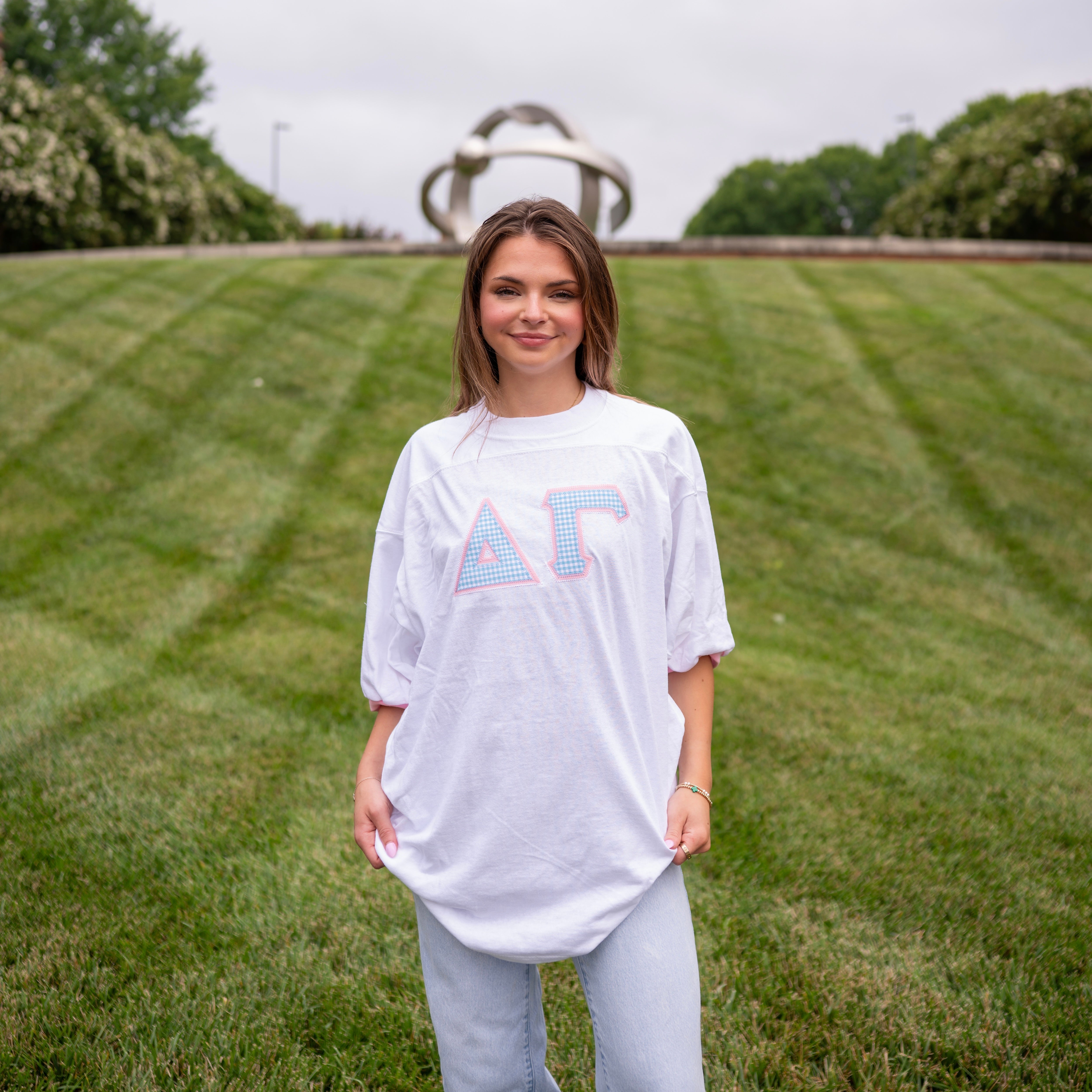 Light Blue Gingham Greek Letter Crew Neck Jersey