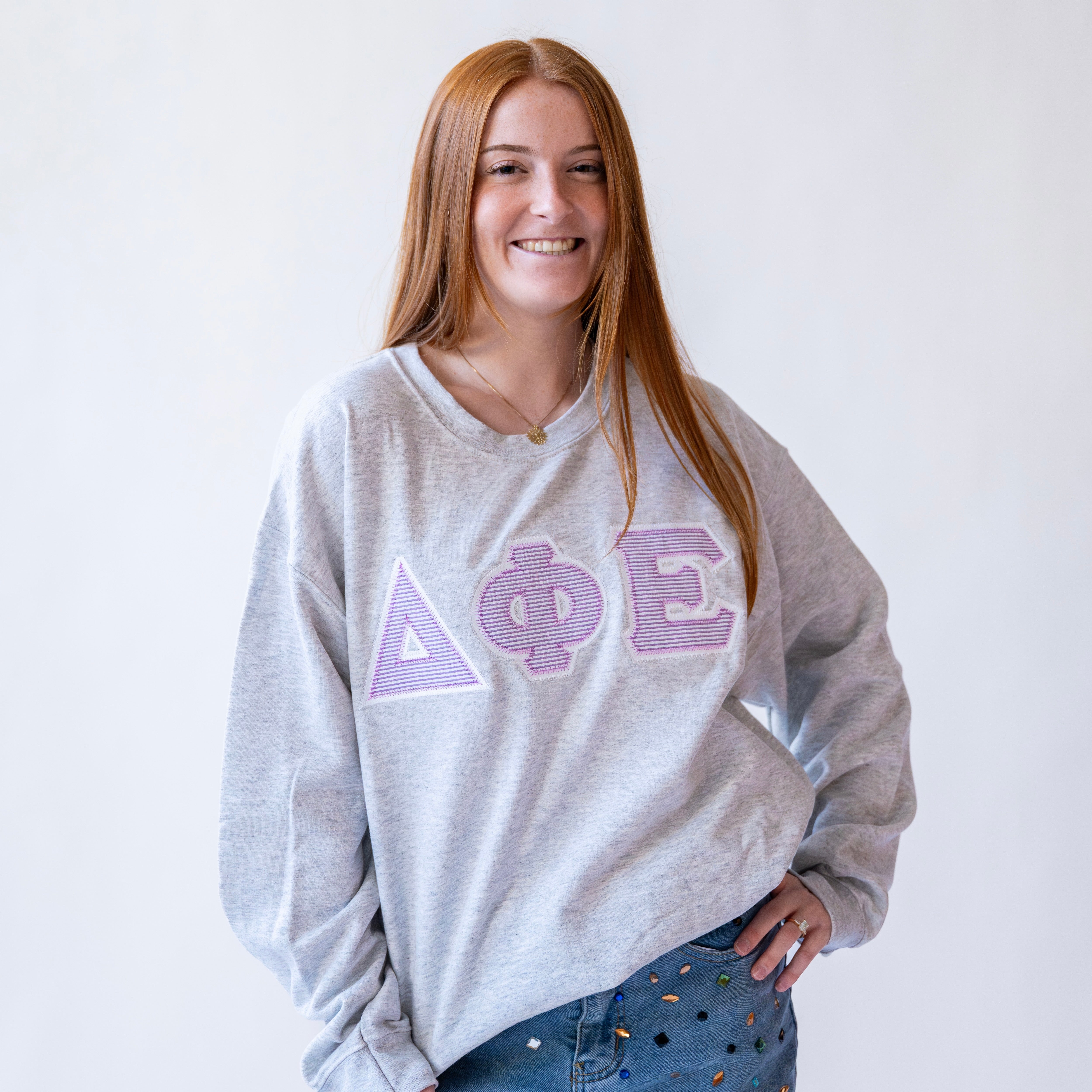 Purple Seersucker Greek Letter Crewneck Sweatshirt - Delta Phi Epsilon
