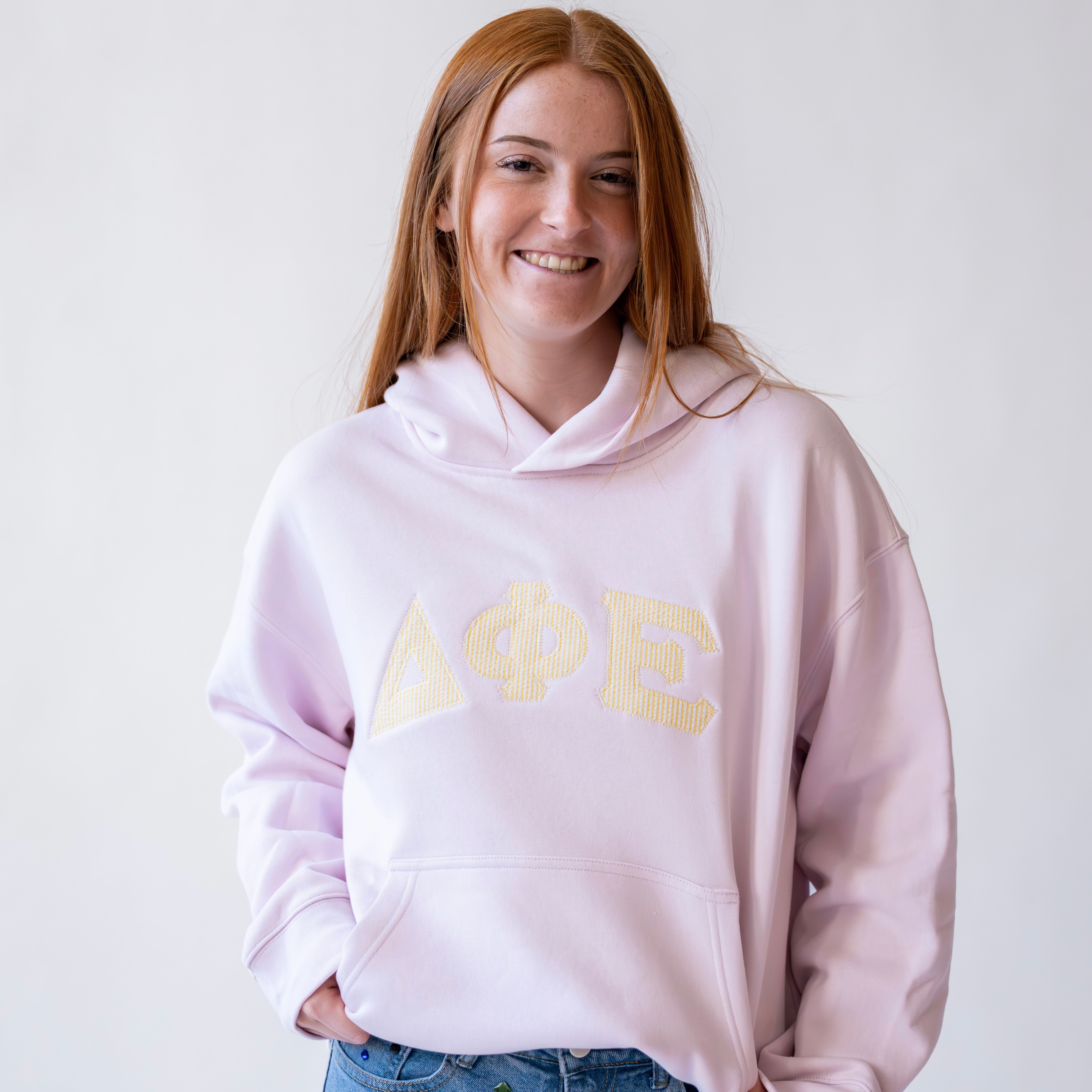 That Girl Curved Light Yellow Seersucker Embroidered Hoodie Sweatshirt