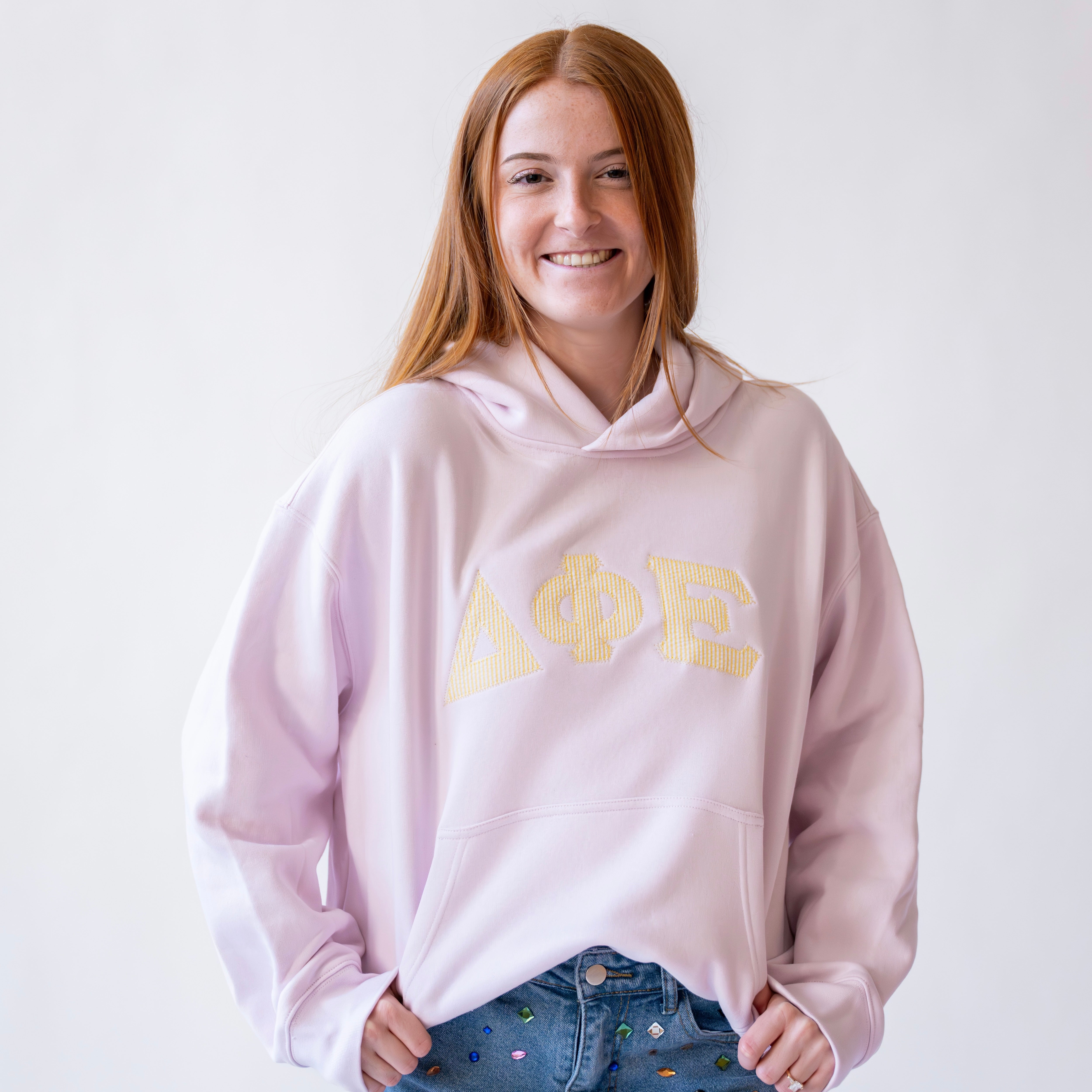 That Girl Curved Light Yellow Seersucker Embroidered Hoodie Sweatshirt