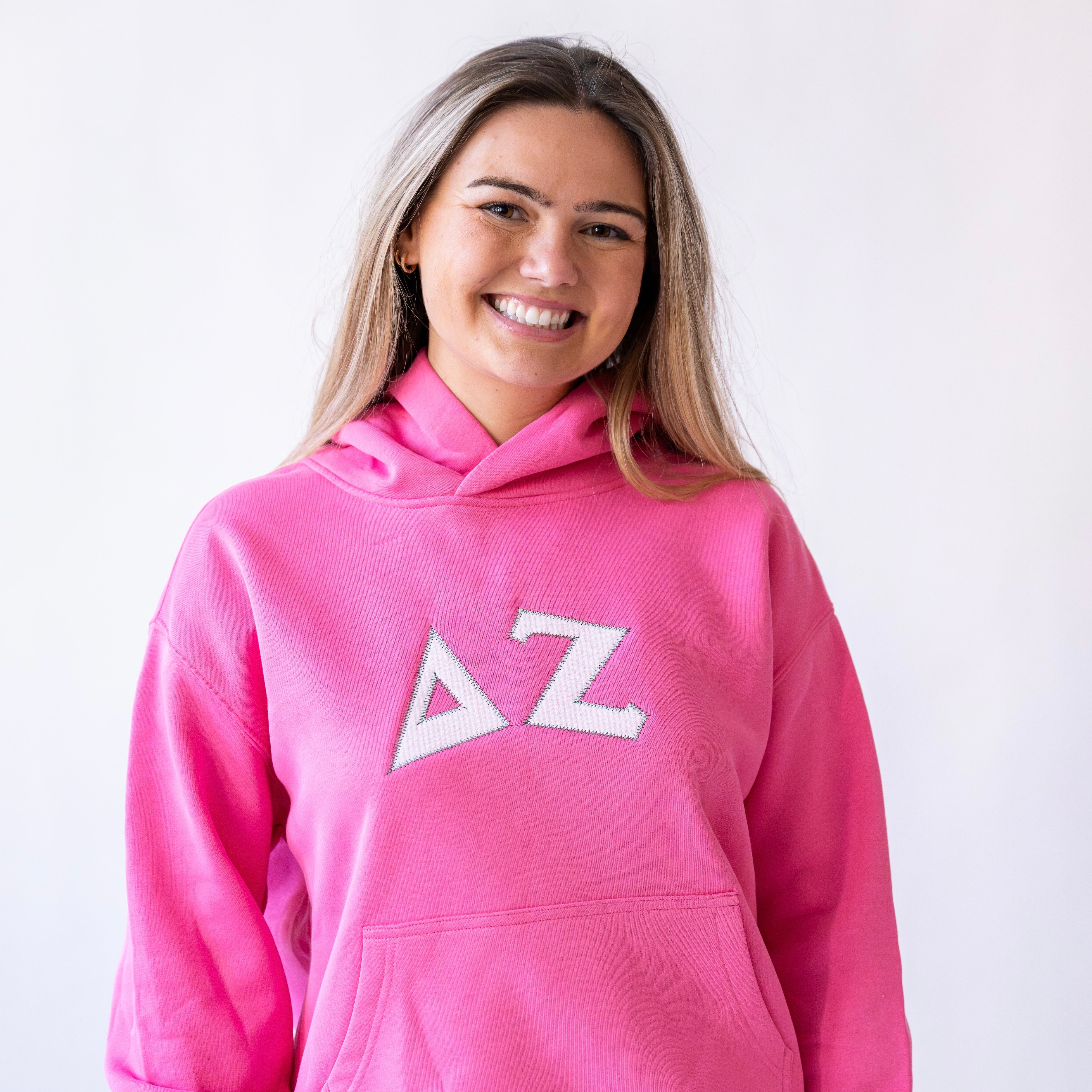 That Girl Curved White Seersucker Embroidered Hoodie Sweatshirt - Delta Zeta