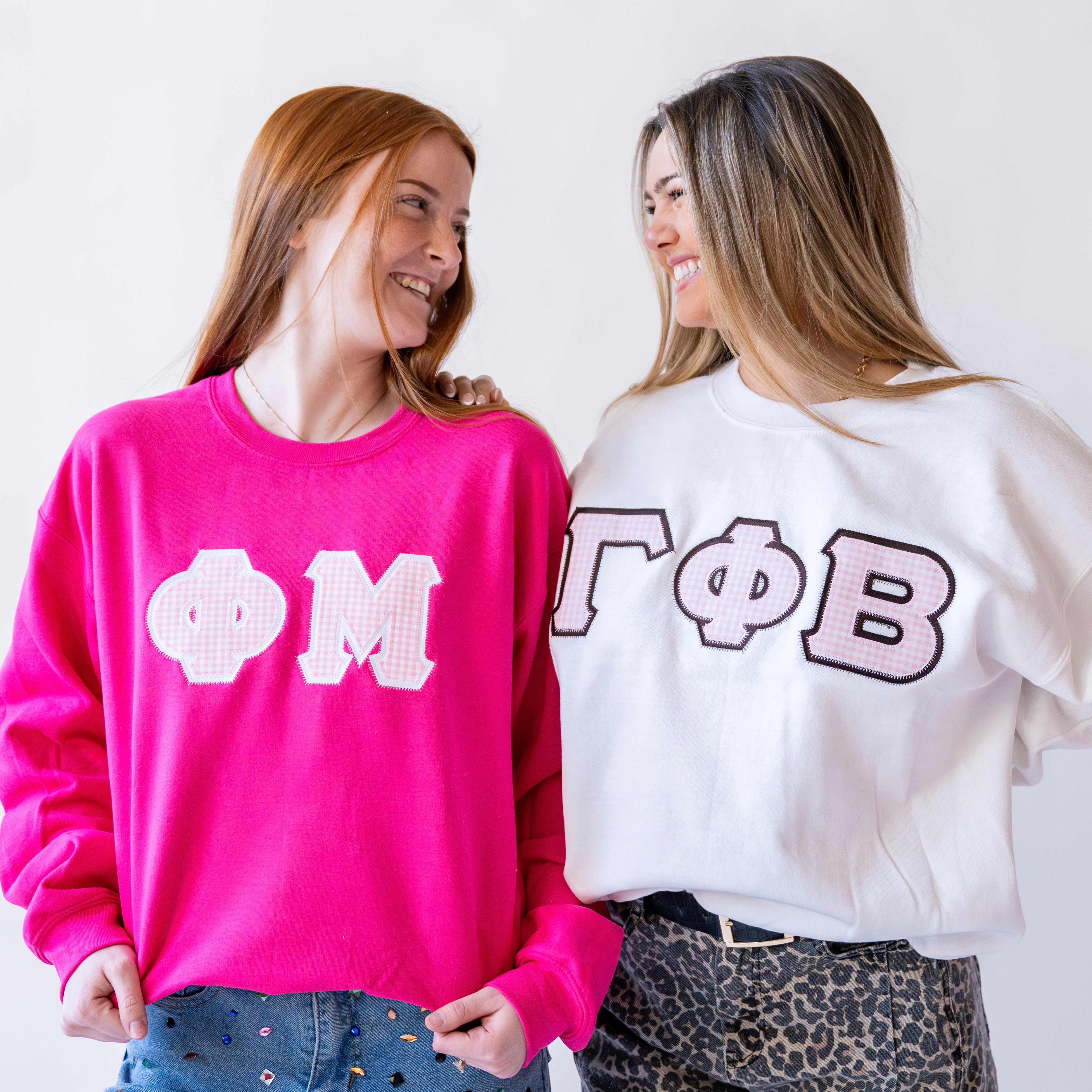 Light Pink Gingham Greek Letter Crewneck Sweatshirt - Phi Mu