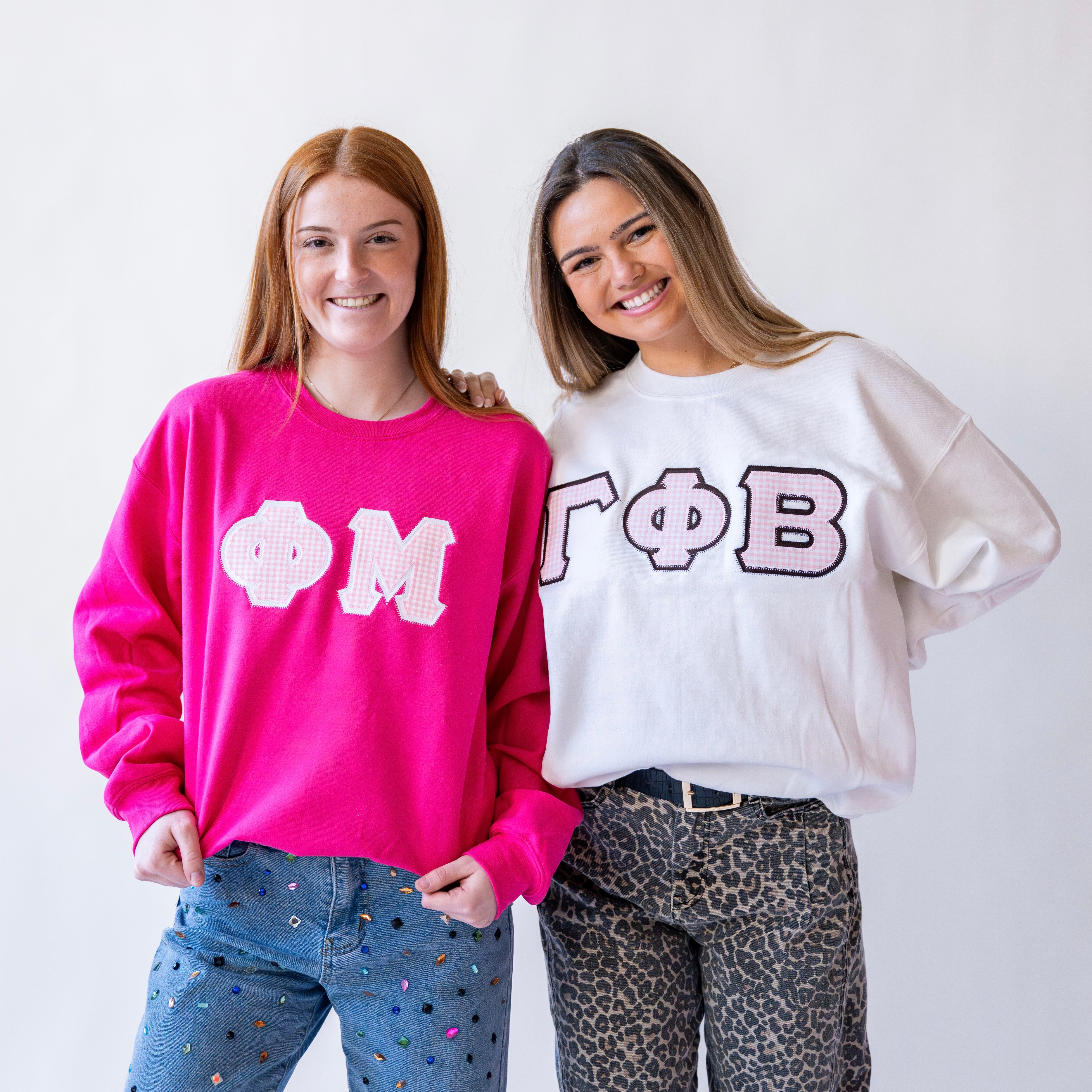 Light Pink Gingham Greek Letter Crewneck Sweatshirt - Phi Mu