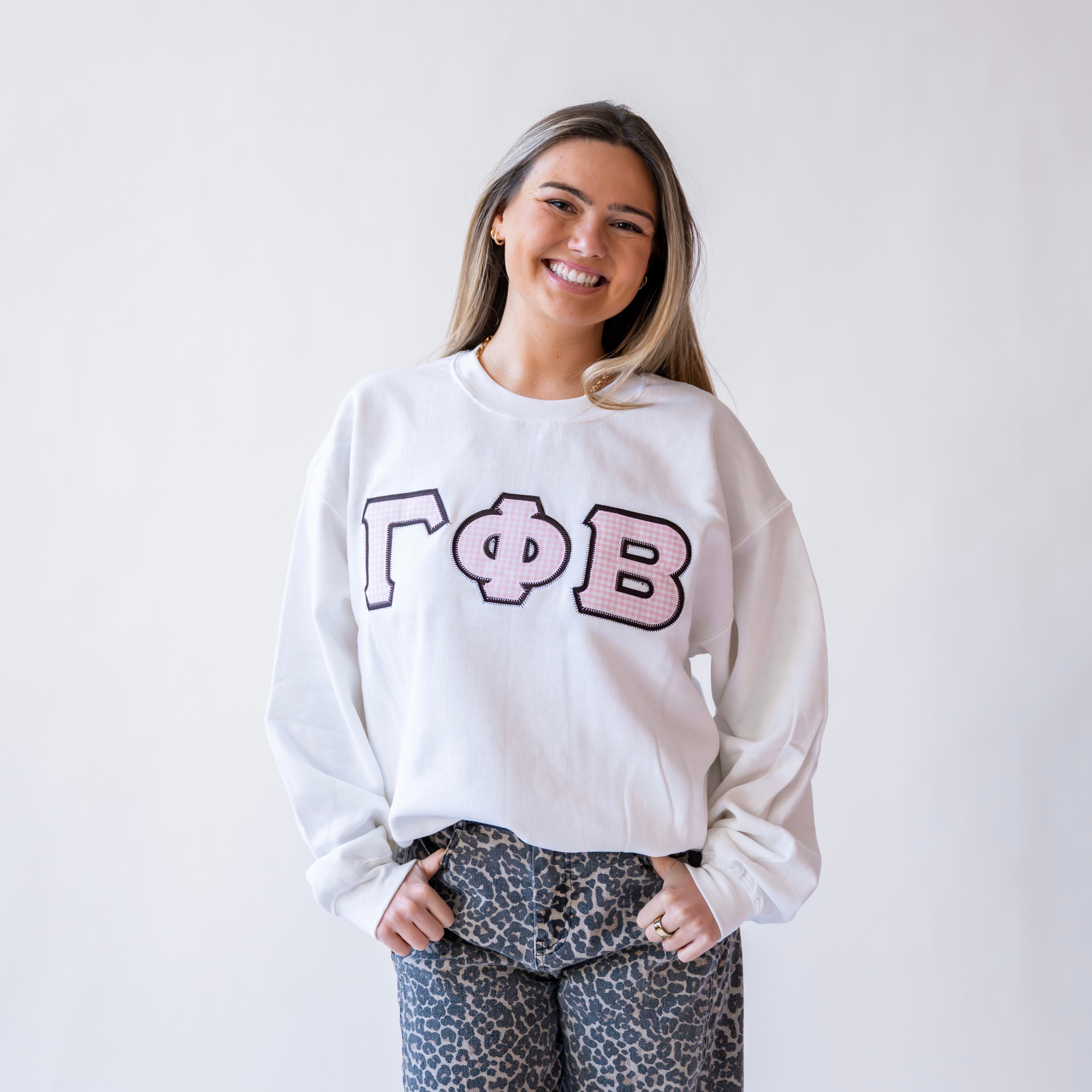 Light Pink Gingham Greek Letter Crewneck Sweatshirt - Gamma Phi Beta