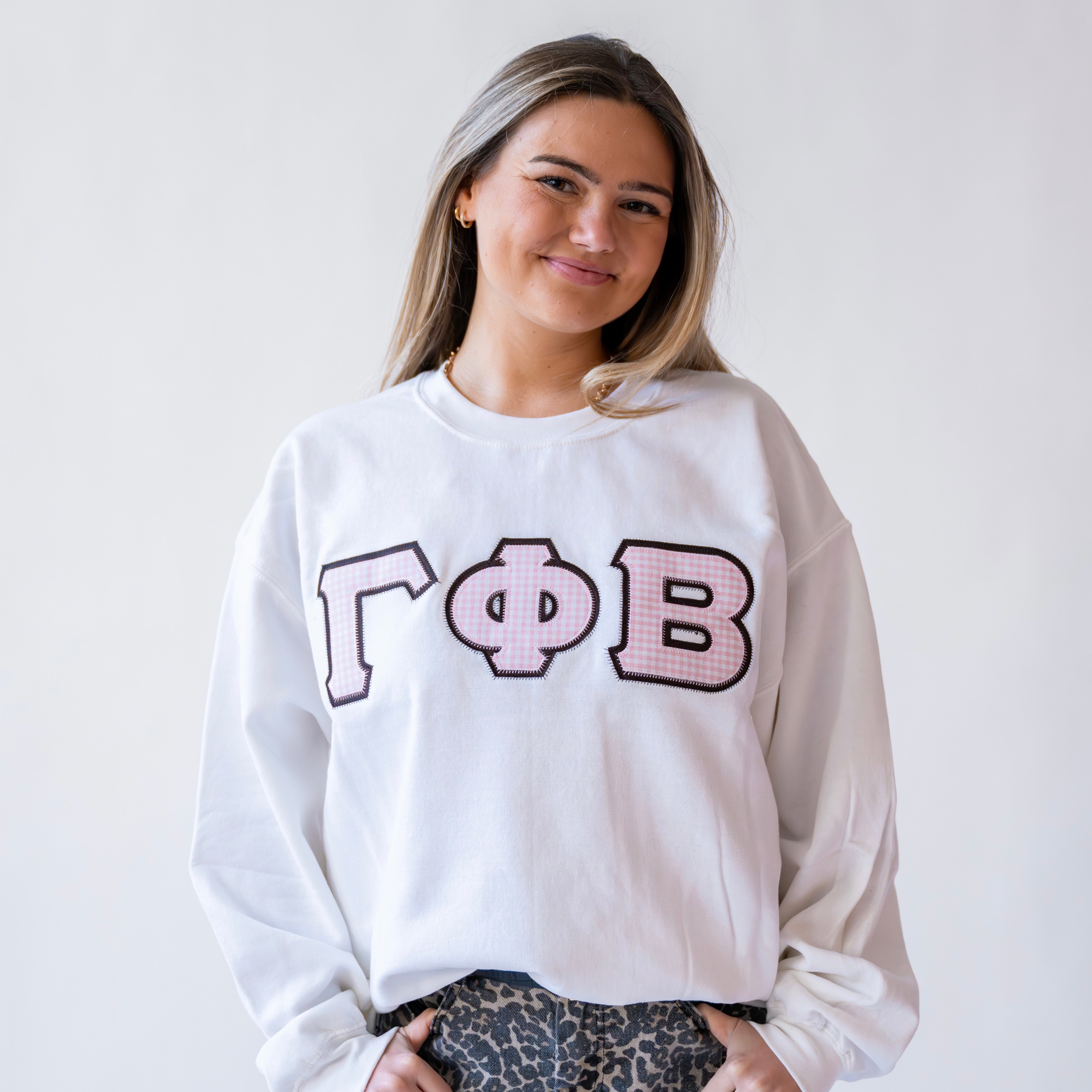 Light Pink Gingham Greek Letter Crewneck Sweatshirt - Gamma Phi Beta