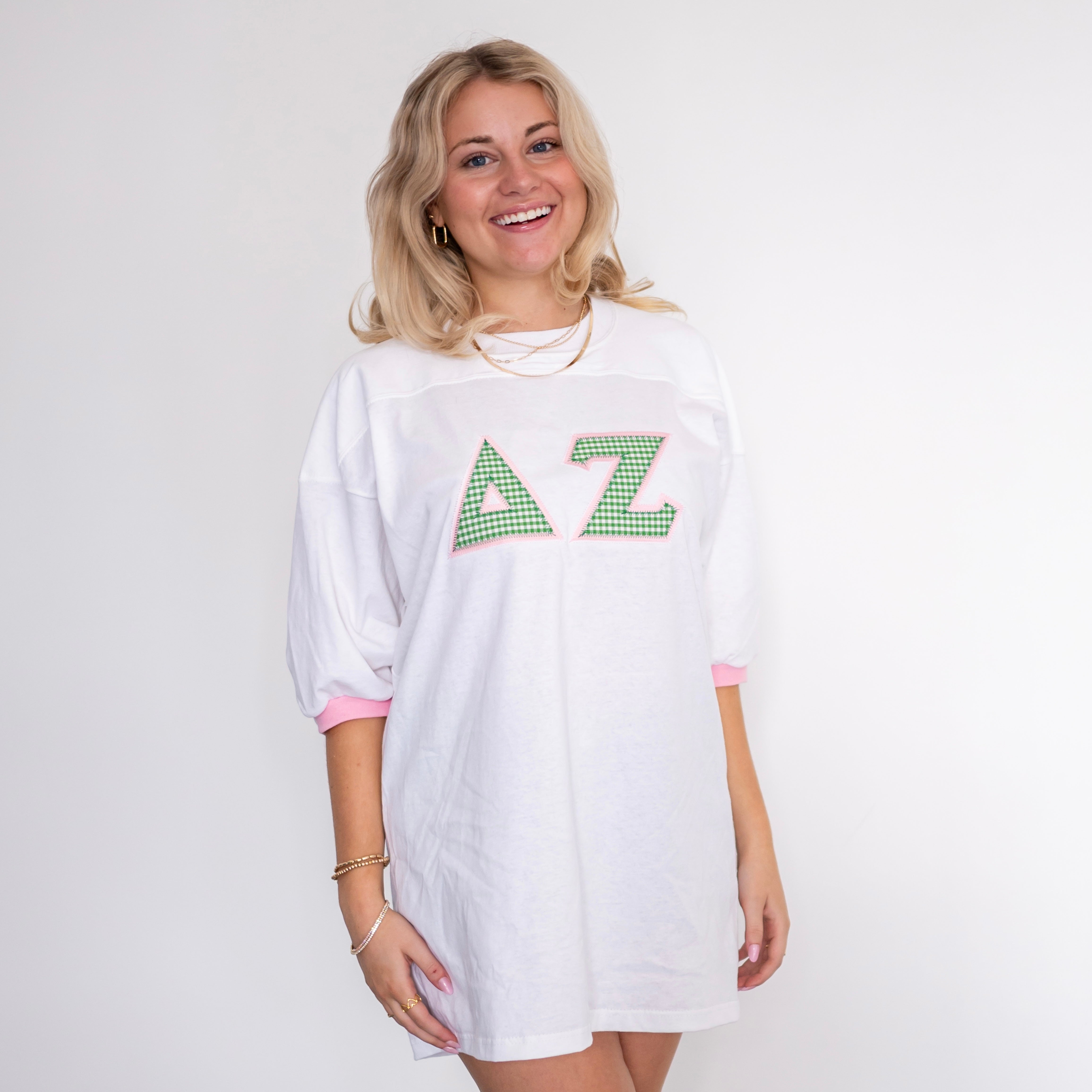 Green Gingham Greek Letter Crew Neck Jersey