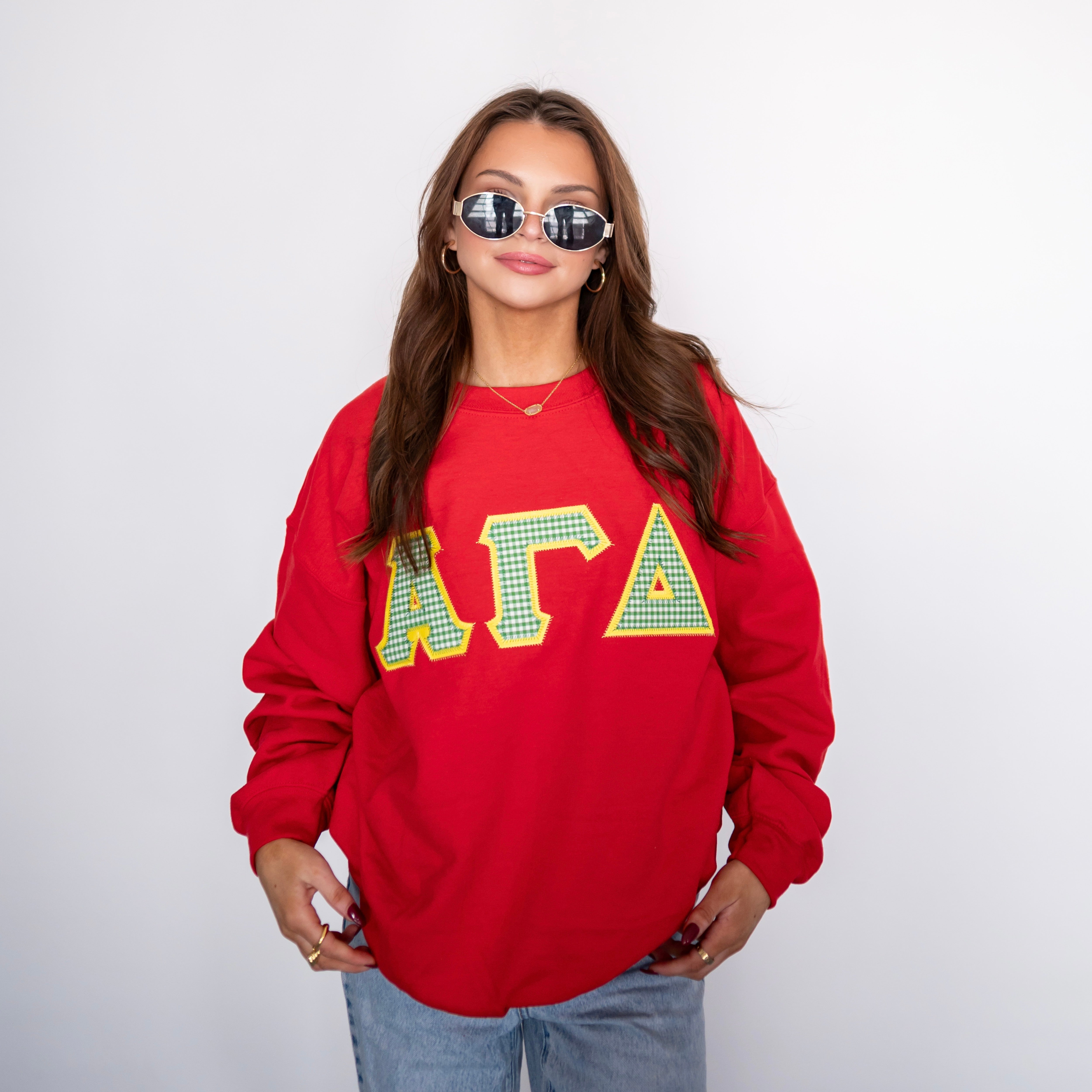 Green Gingham Greek Letter Crewneck Sweatshirt