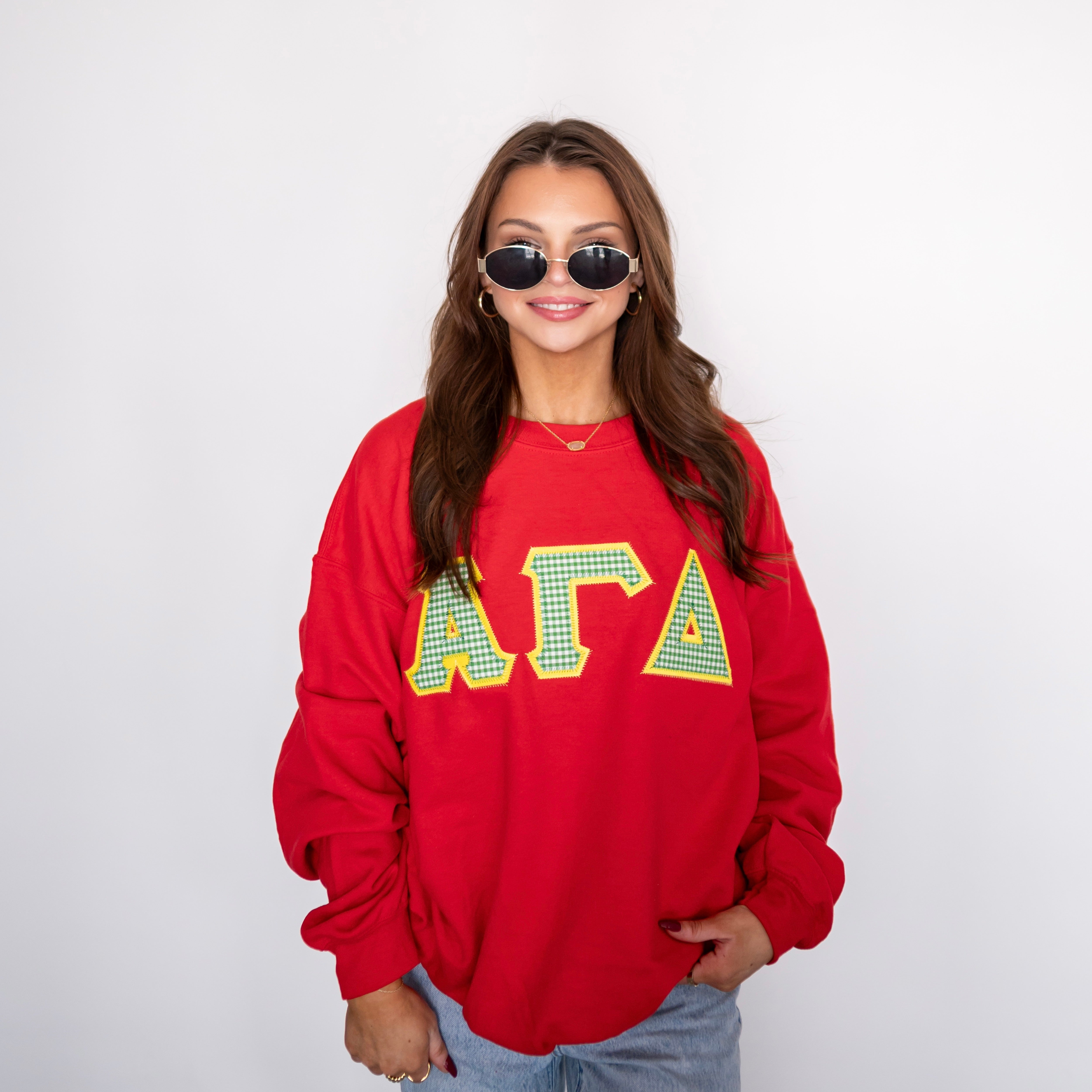 Green Gingham Greek Letter Crewneck Sweatshirt