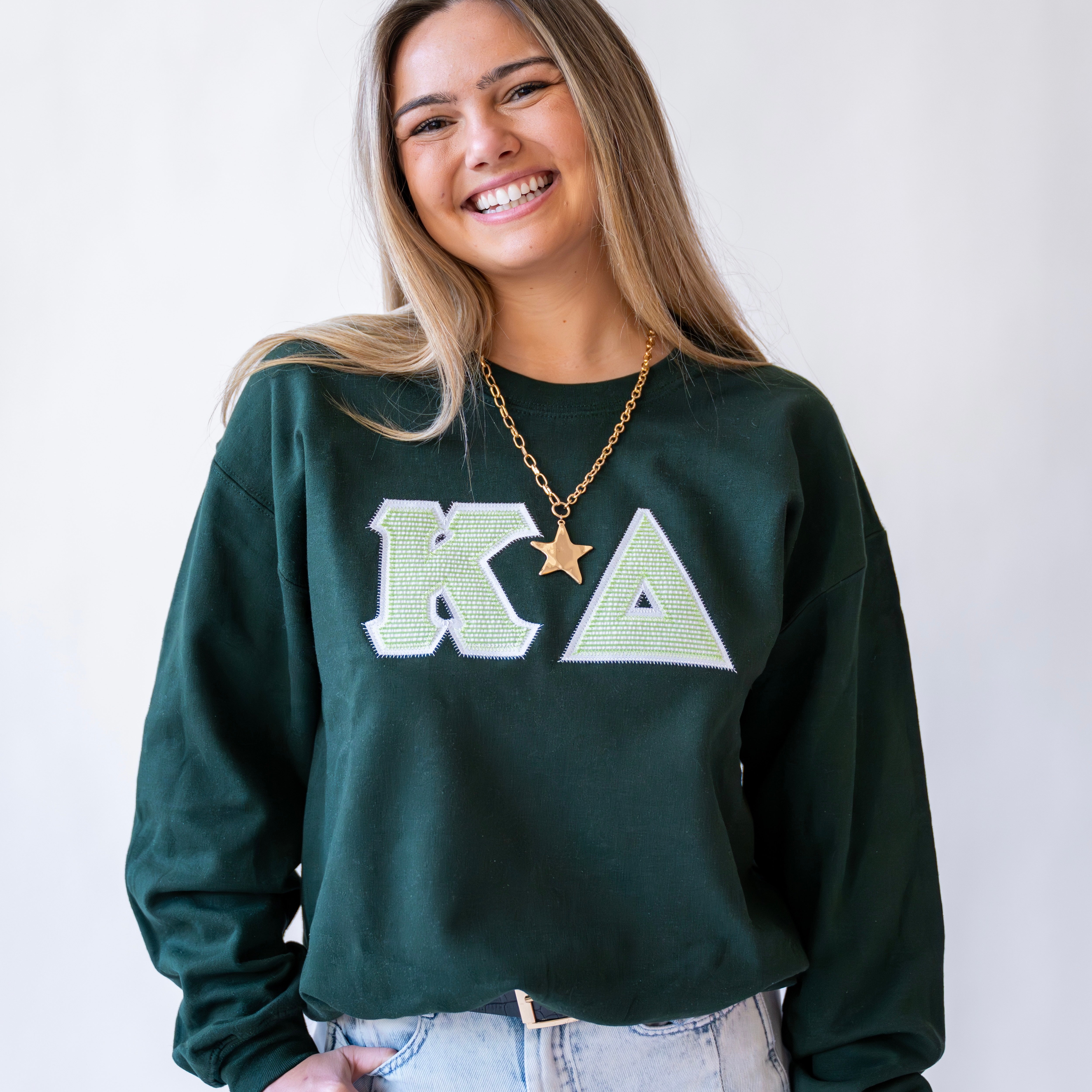 Light Green Seersucker Greek Letter Crewneck Sweatshirt - Kappa Delta