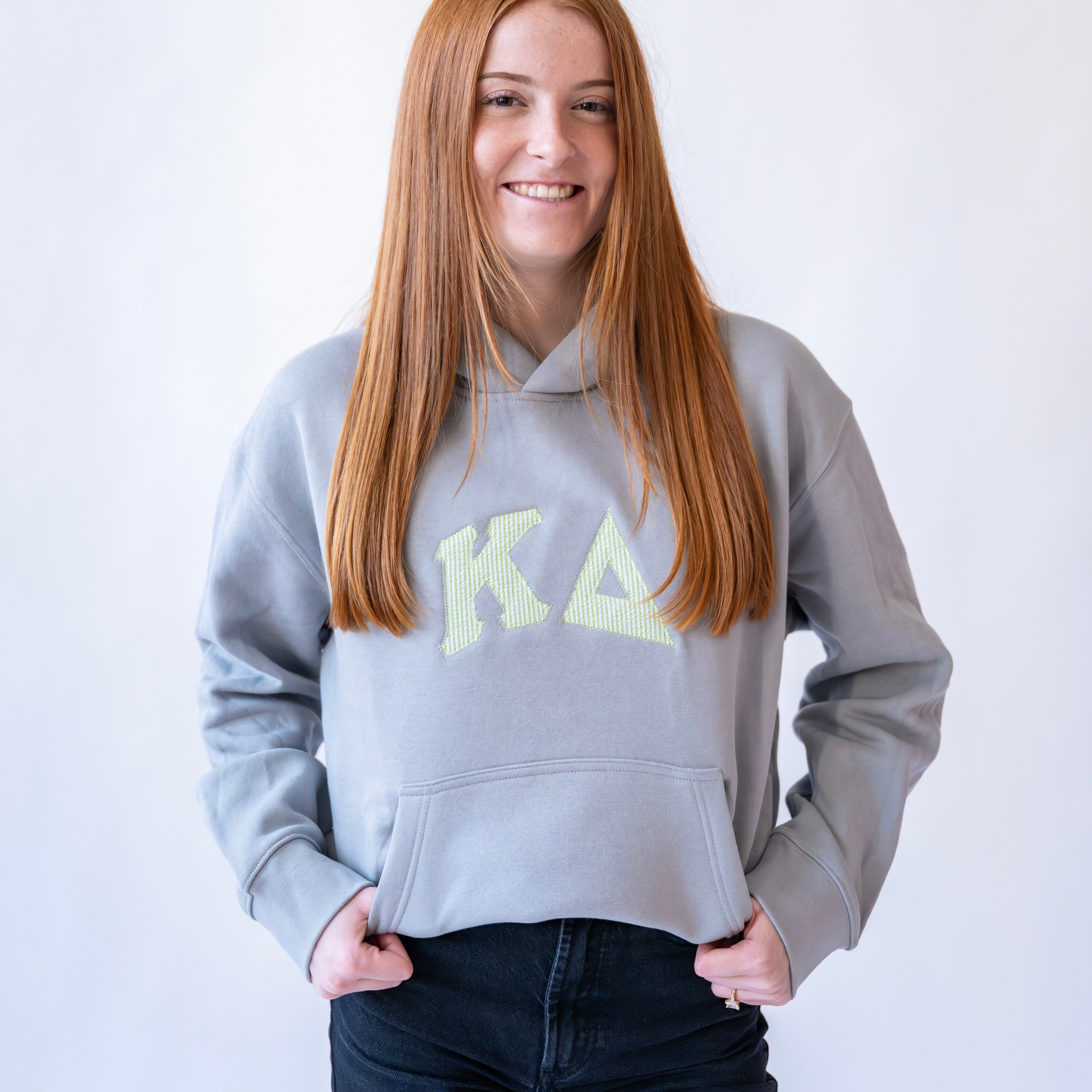 That Girl Curved Green Seersucker Embroidered Hoodie Sweatshirt