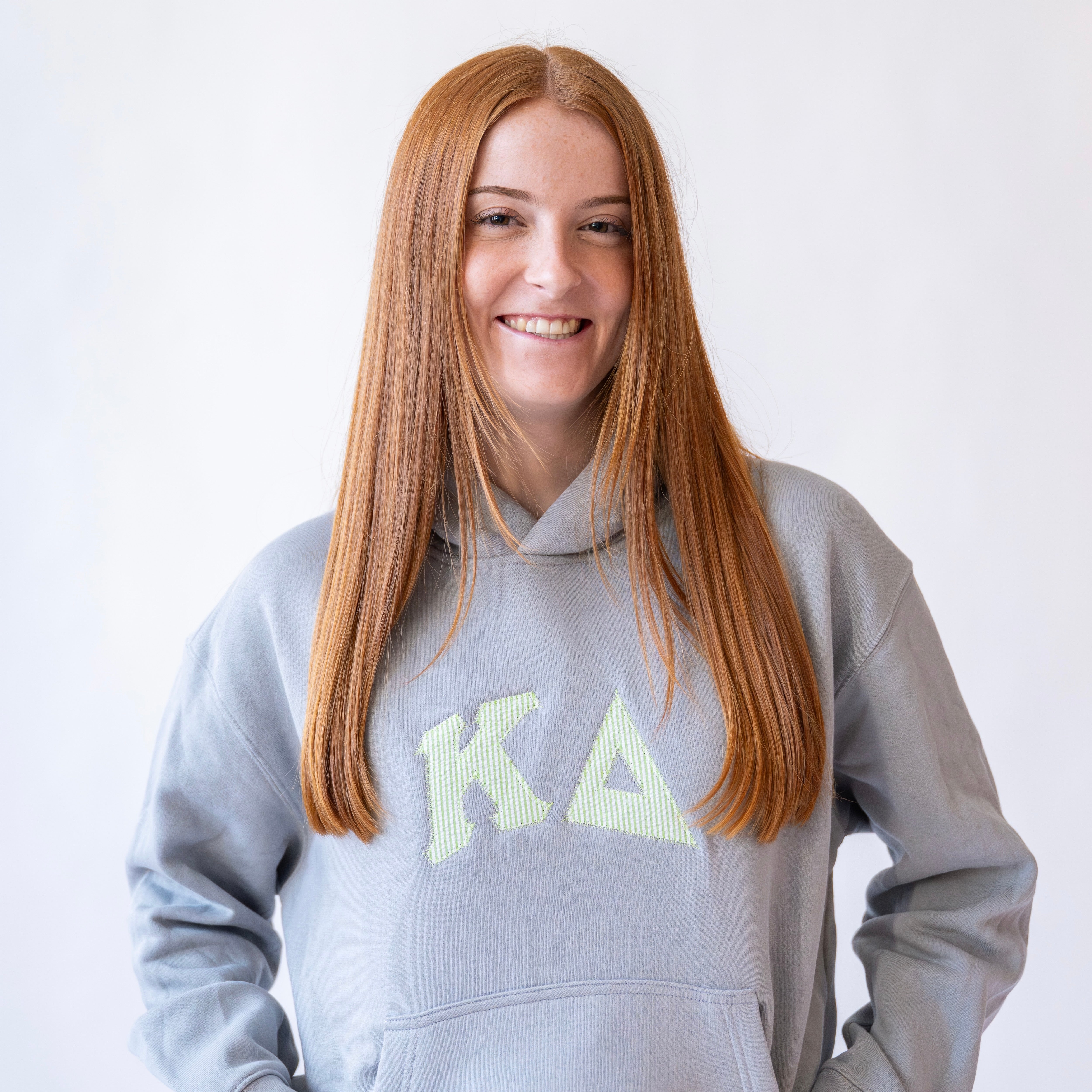 That Girl Curved Green Seersucker Embroidered Hoodie Sweatshirt