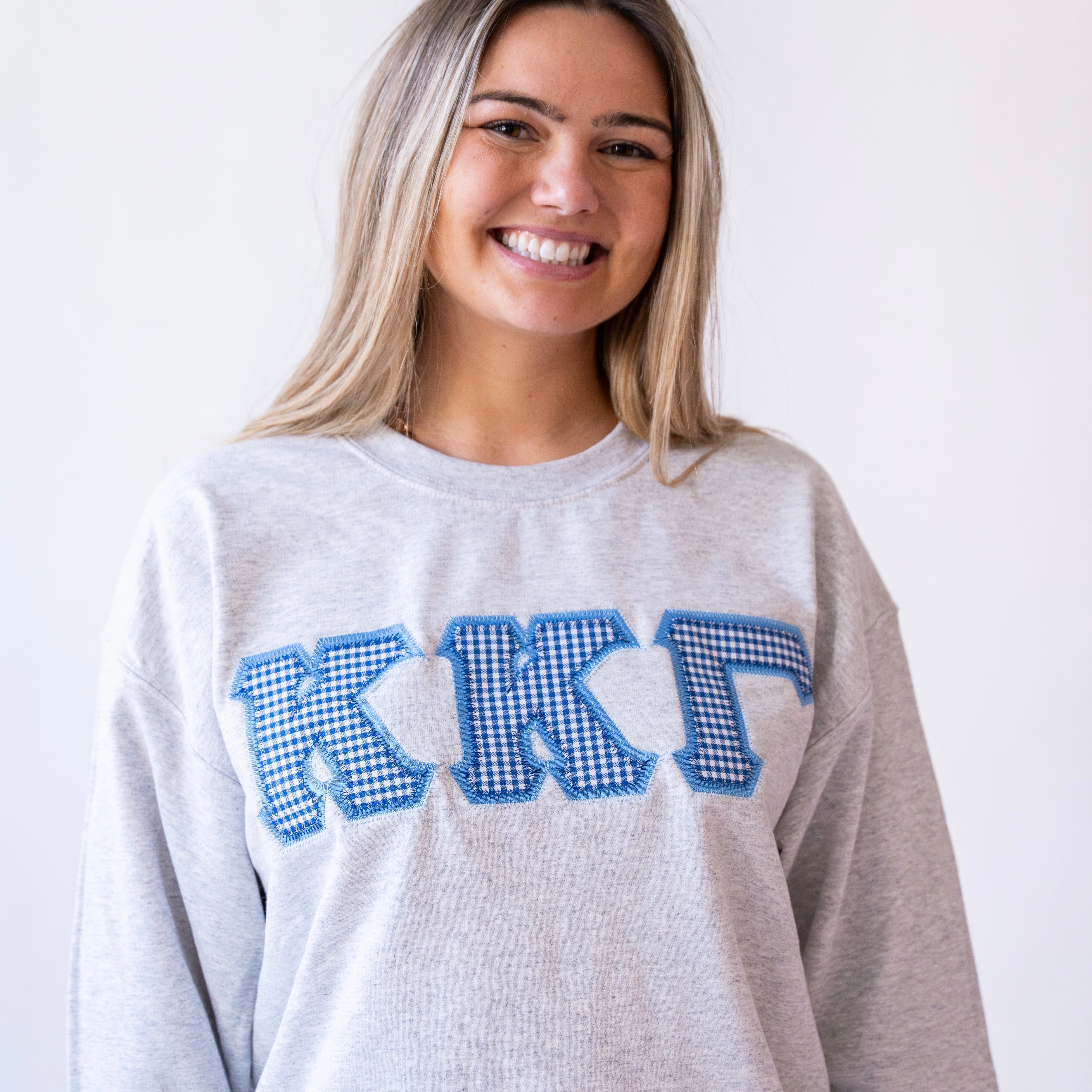Dark Blue Gingham Greek Letter Crewneck Sweatshirt - Kappa Kappa Gamma