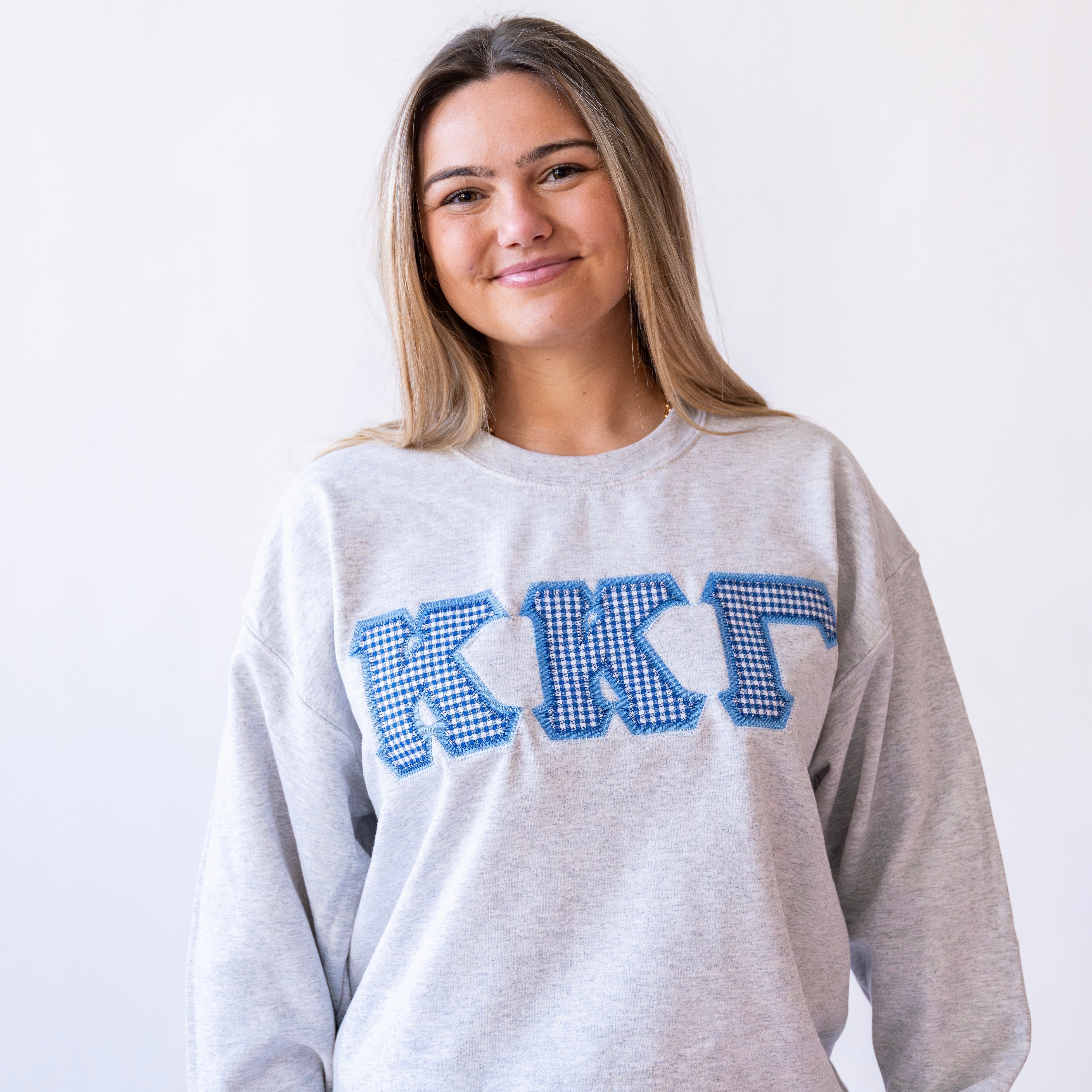 Dark Blue Gingham Greek Letter Crewneck Sweatshirt - Kappa Kappa Gamma