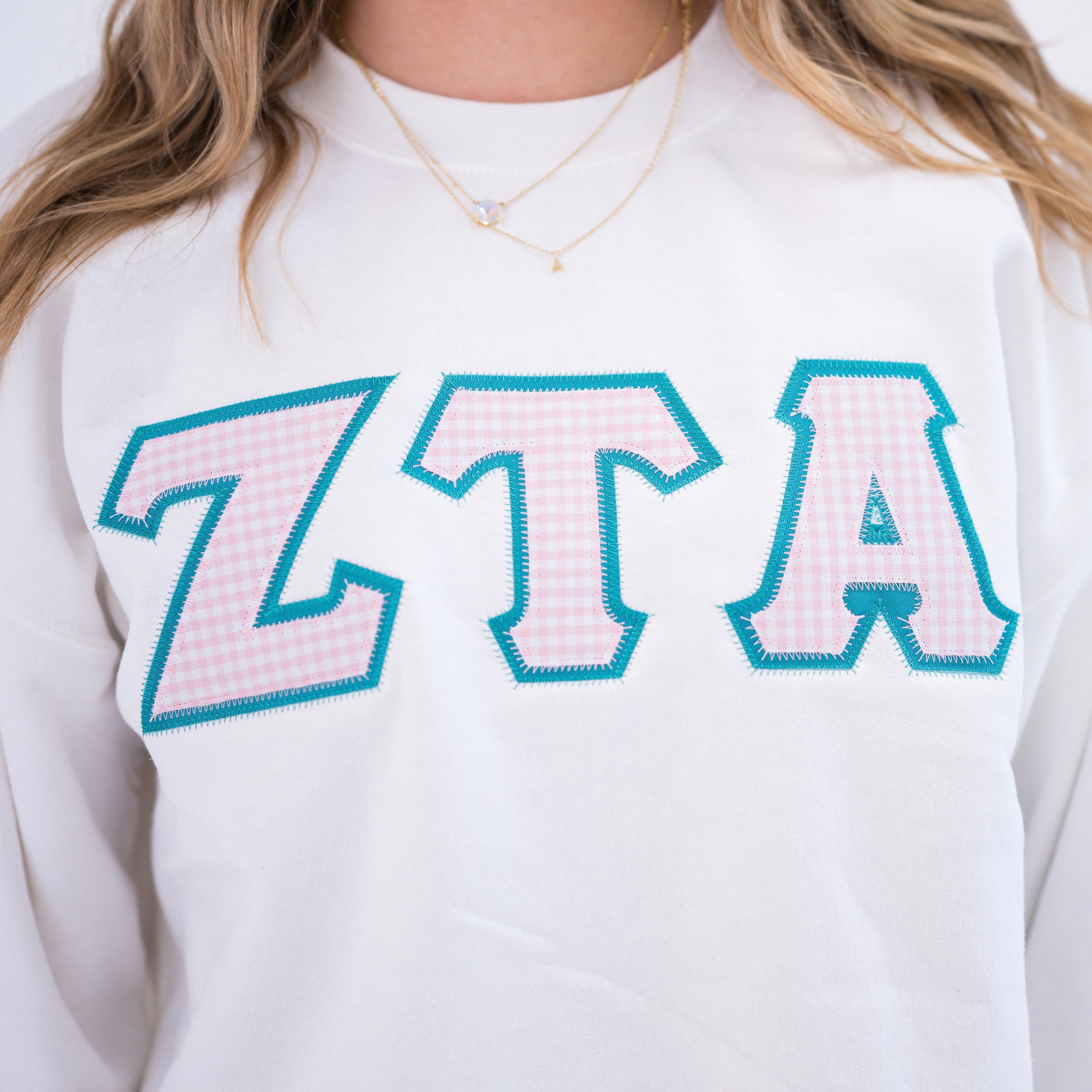 Light Pink Gingham Greek Letter Crewneck Sweatshirt