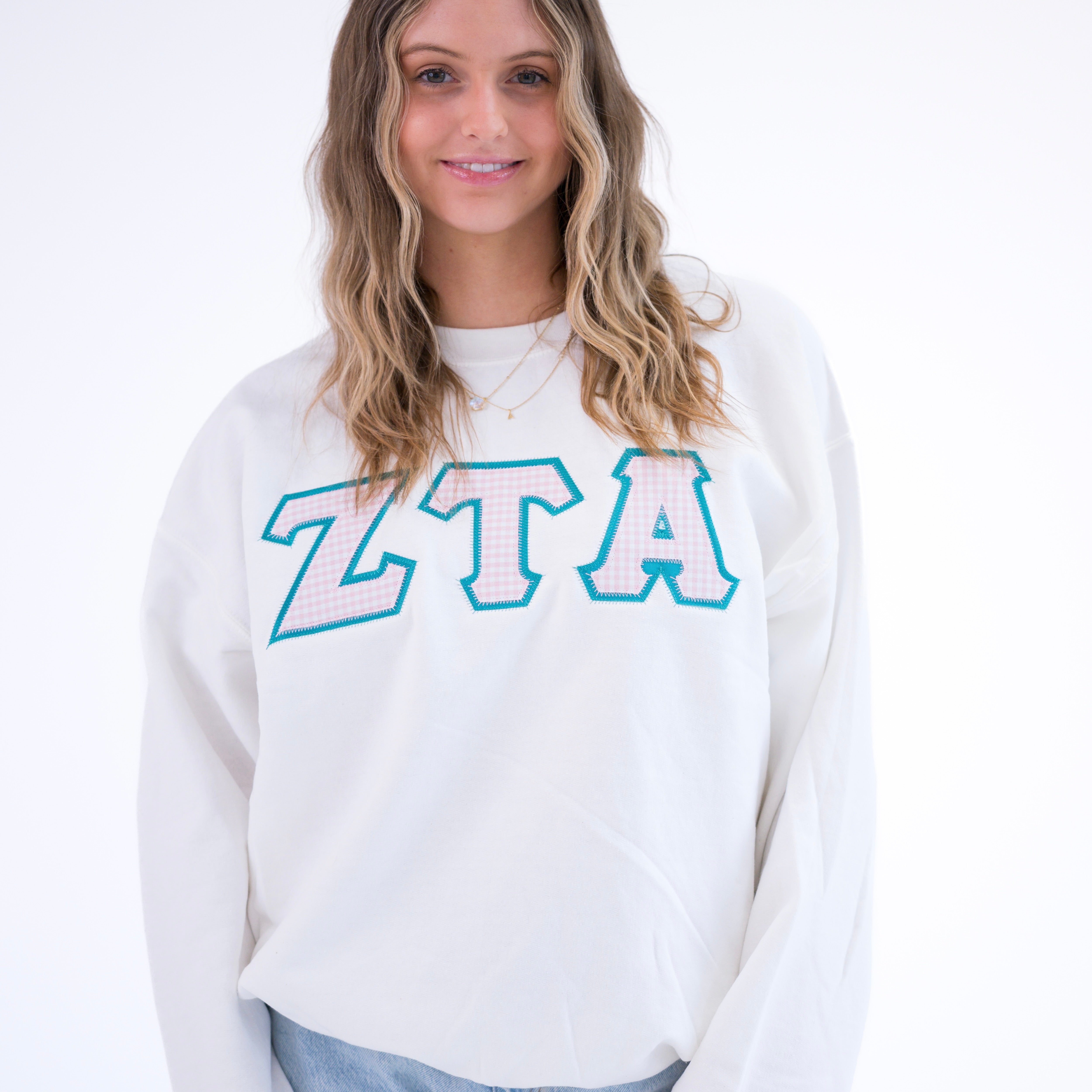 Light Pink Gingham Greek Letter Crewneck Sweatshirt