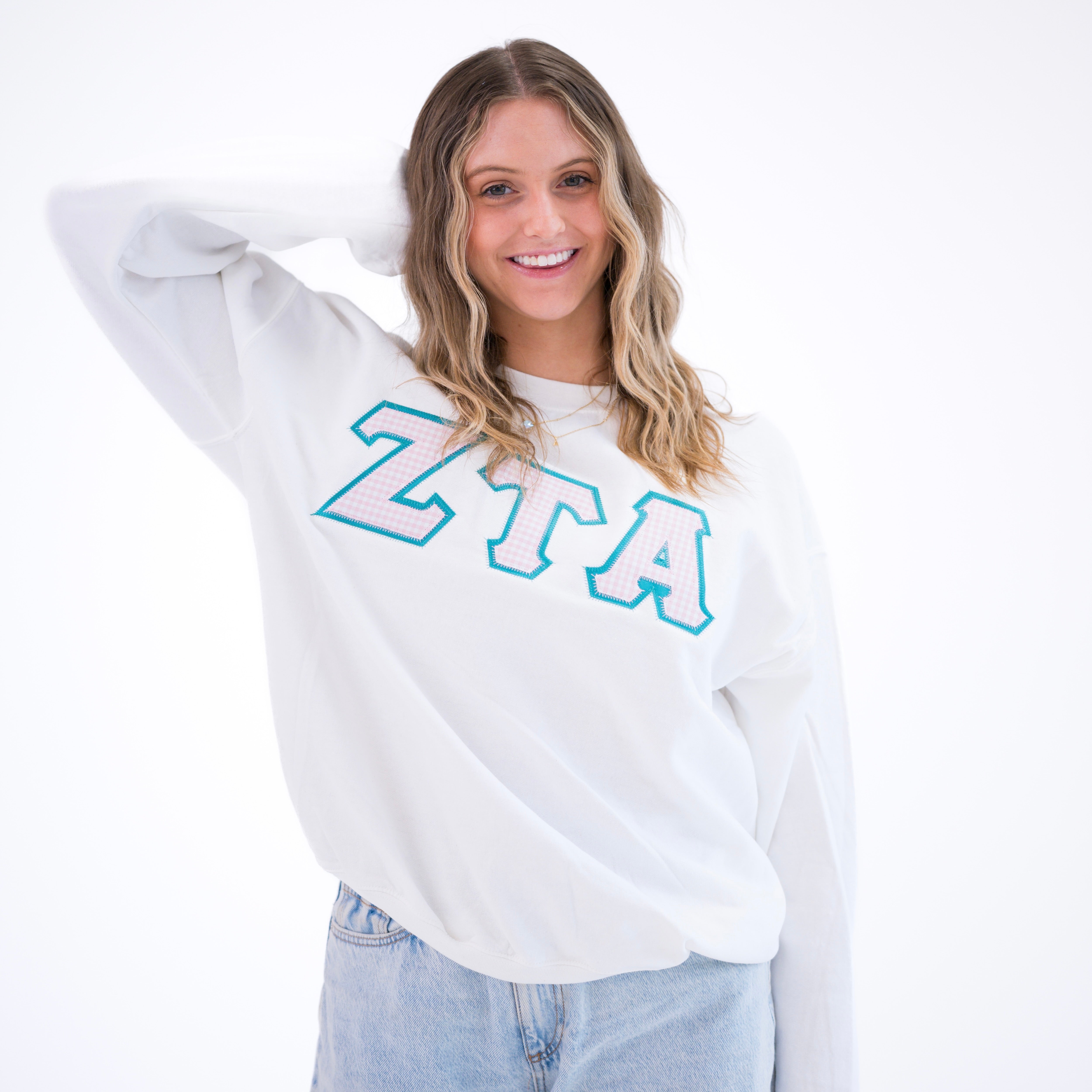 Light Pink Gingham Greek Letter Crewneck Sweatshirt