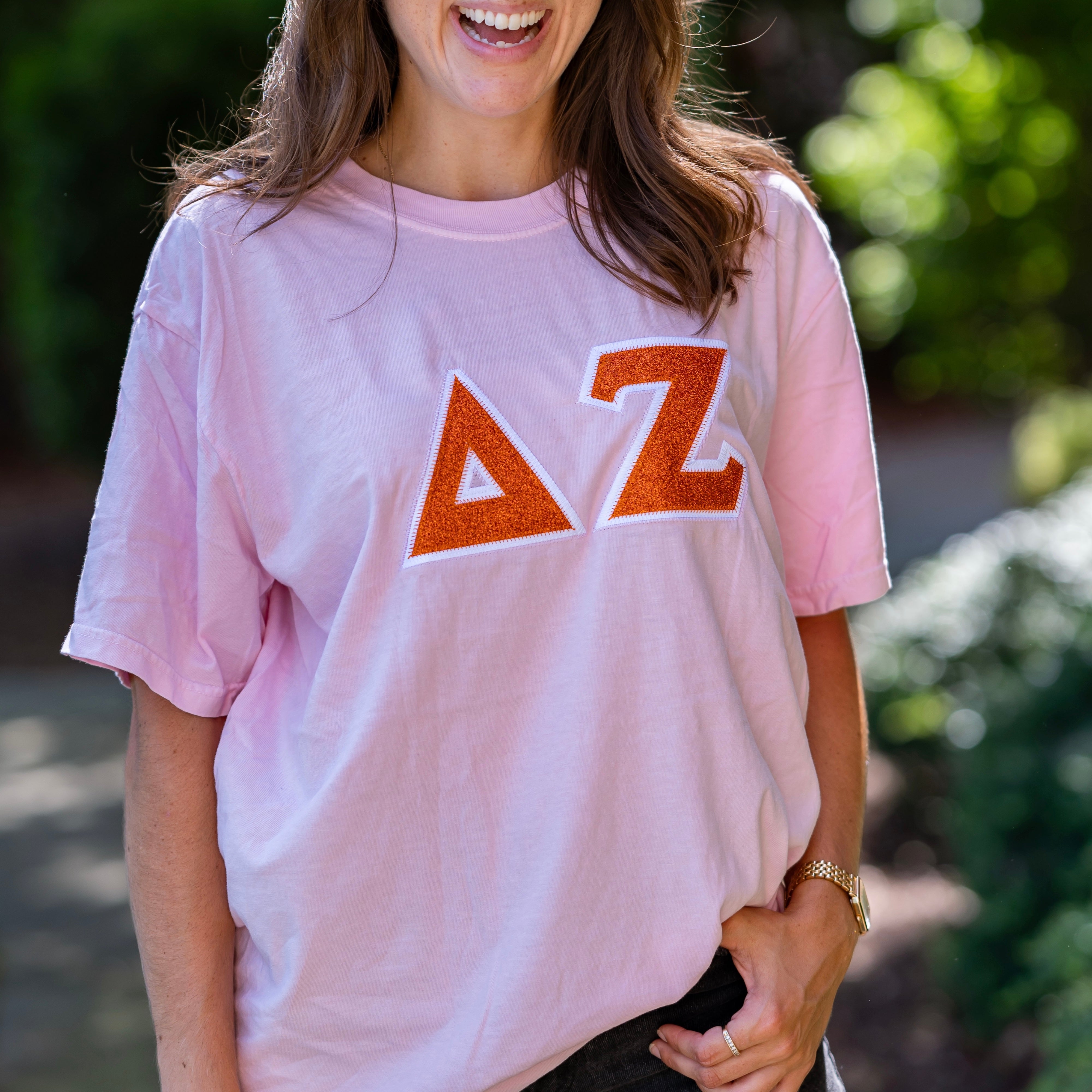 Orange Glitter Greek Letter Shirt - Delta Zeta
