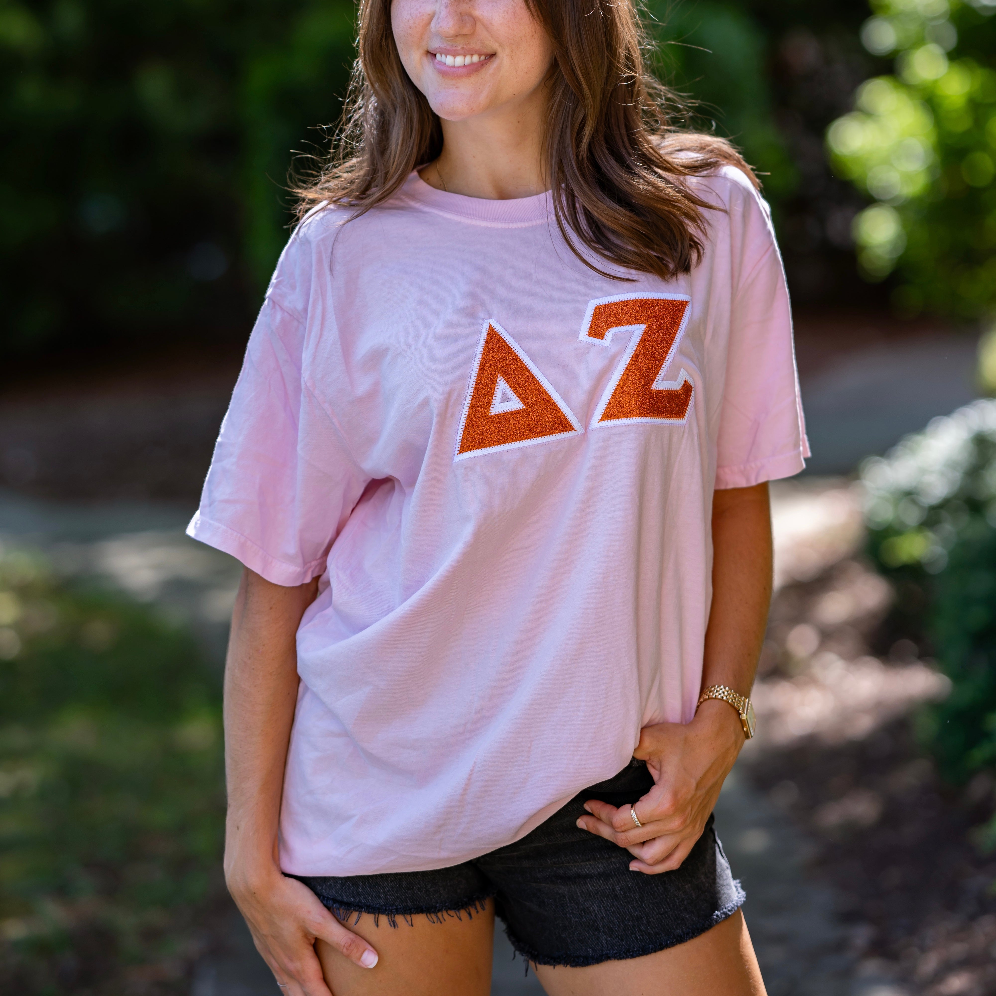 Orange Glitter Greek Letter Shirt - Delta Zeta