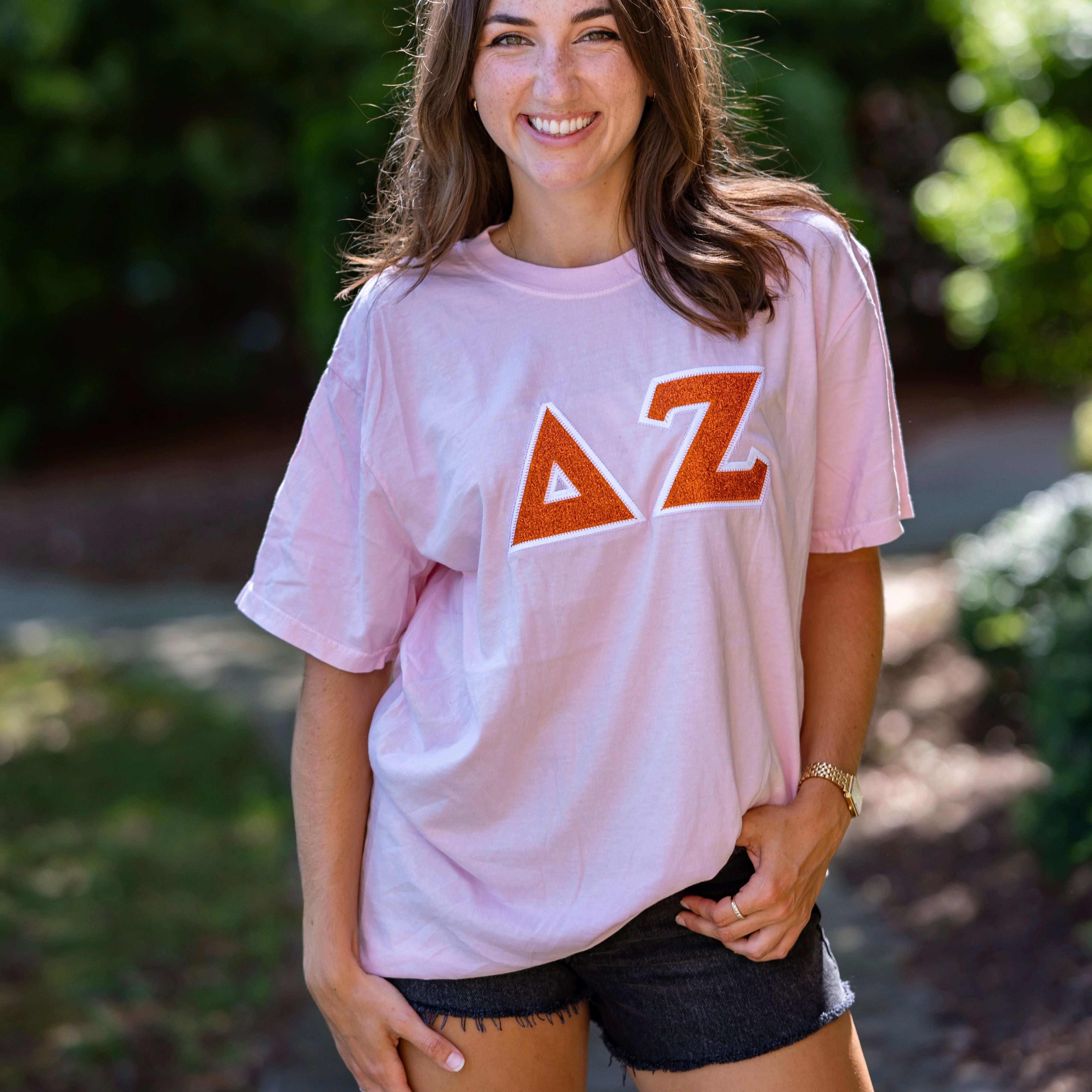 Orange Glitter Greek Letter Shirt - Delta Zeta
